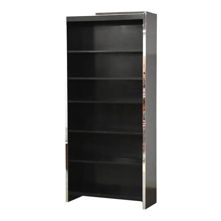 1970s John Stuart Chrome Bookcase in Milo Baughman Style: 1970s John Stuart Chrome Bookcase in Milo Baughman Style This stunning mid-century modern bookcase features a sleek black finish complemented by chrome details, embodying the style often attributed to