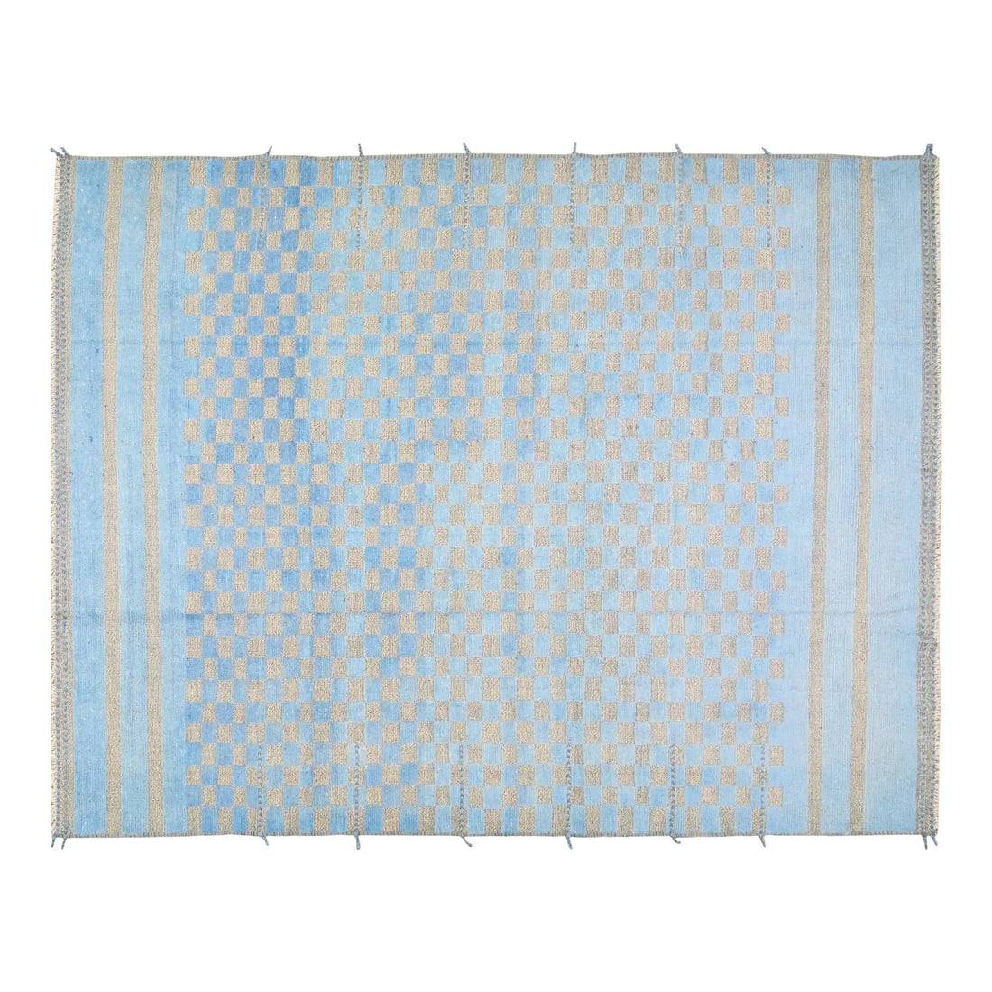 Beni Ourain Moroccan Wool Rug in Blue Hand Knotted 9'5" x 12': Beni Ourain Moroccan Wool Rug in Blue Hand Knotted 9'5" x 12' This 1980s Moroccan Beni Ourain rug is hand knotted from organic wool and features a contemporary design in natural blue tones. The rug of