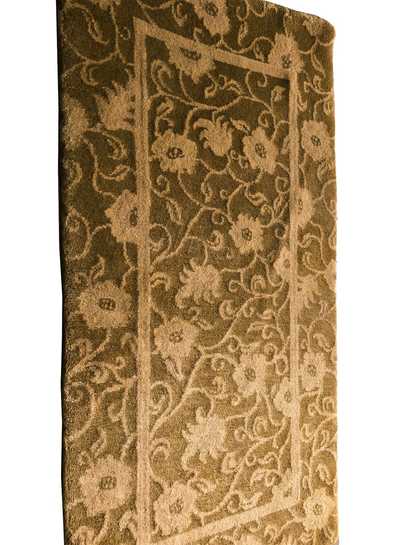 Vintage Tibetan Wool Area Rug 2x4 Olive Gold Handmade: Vintage Tibetan Wool Area Rug 2x4 Olive Gold Handmade This vintage Tibetan area rug, handmade circa 1970, features a traditional geometric pattern with an olive green and gold color palette. Expertly 