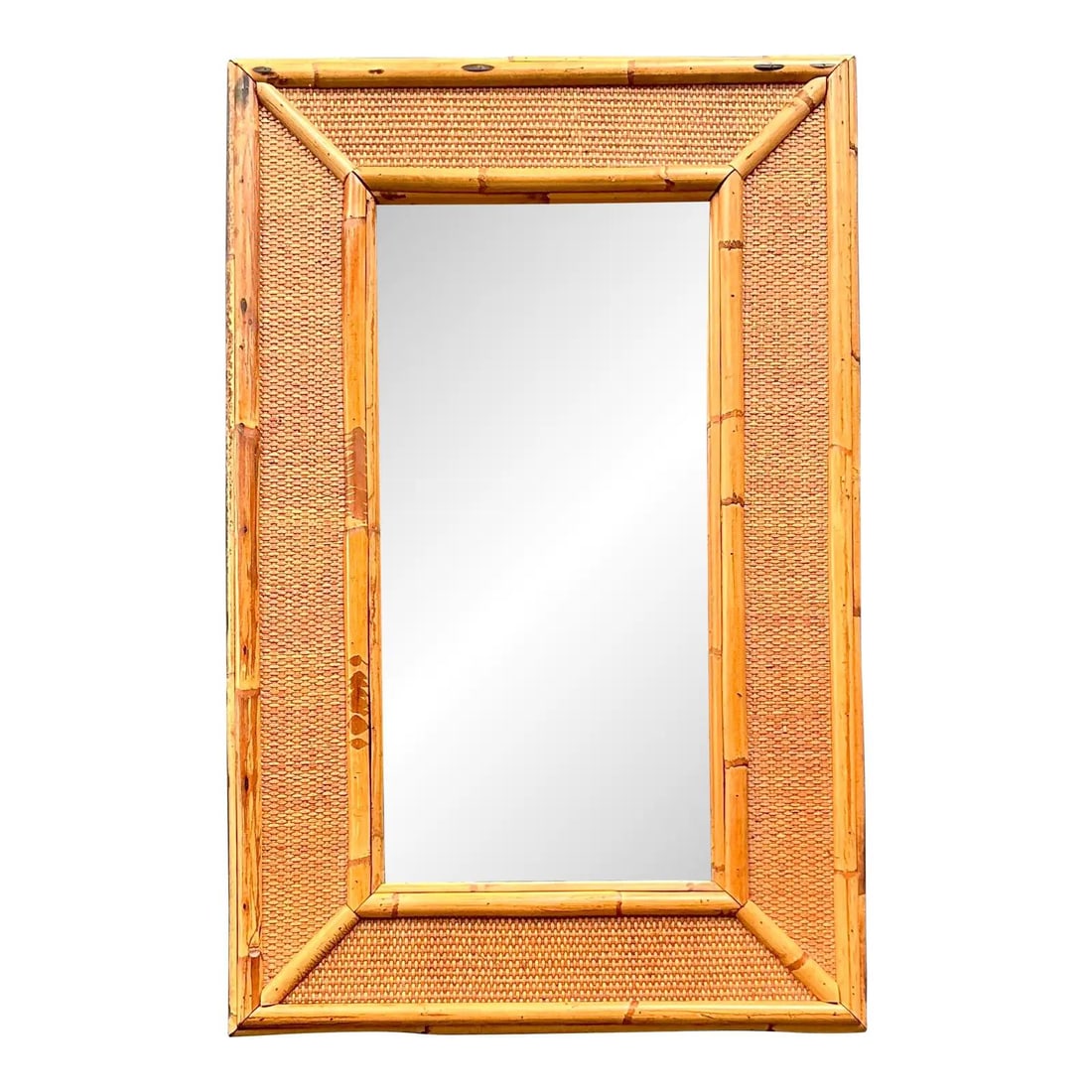 Bamboo and Rattan Wall Mirror with Tortoise Finish Bohemian Style 23 x 35.5 in: Bamboo and Rattan Wall Mirror with Tortoise Finish Bohemian Style 23 x 35.5 in This vintage wall mirror features a frame crafted from genuine burnt bamboo poles, showcasing rich amber and espresso ton