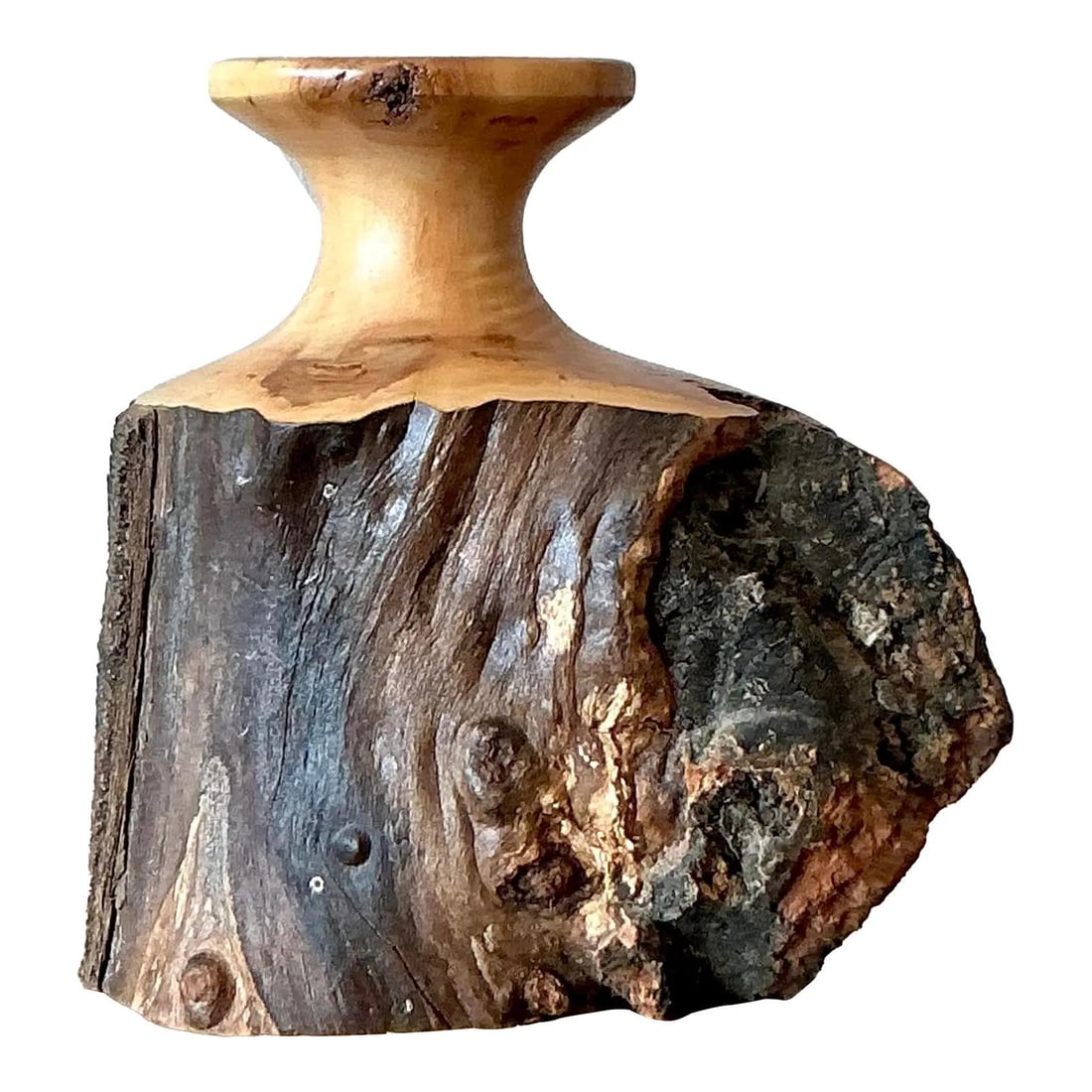 Hand Turned Cypress Knot Vase Signed Studio American Wood Art 7 Inch: Hand Turned Cypress Knot Vase Signed Studio American Wood Art 7 Inch This vintage hand-carved vase is crafted from a single cypress knot, showcasing the natural beauty of burlwood. The design features