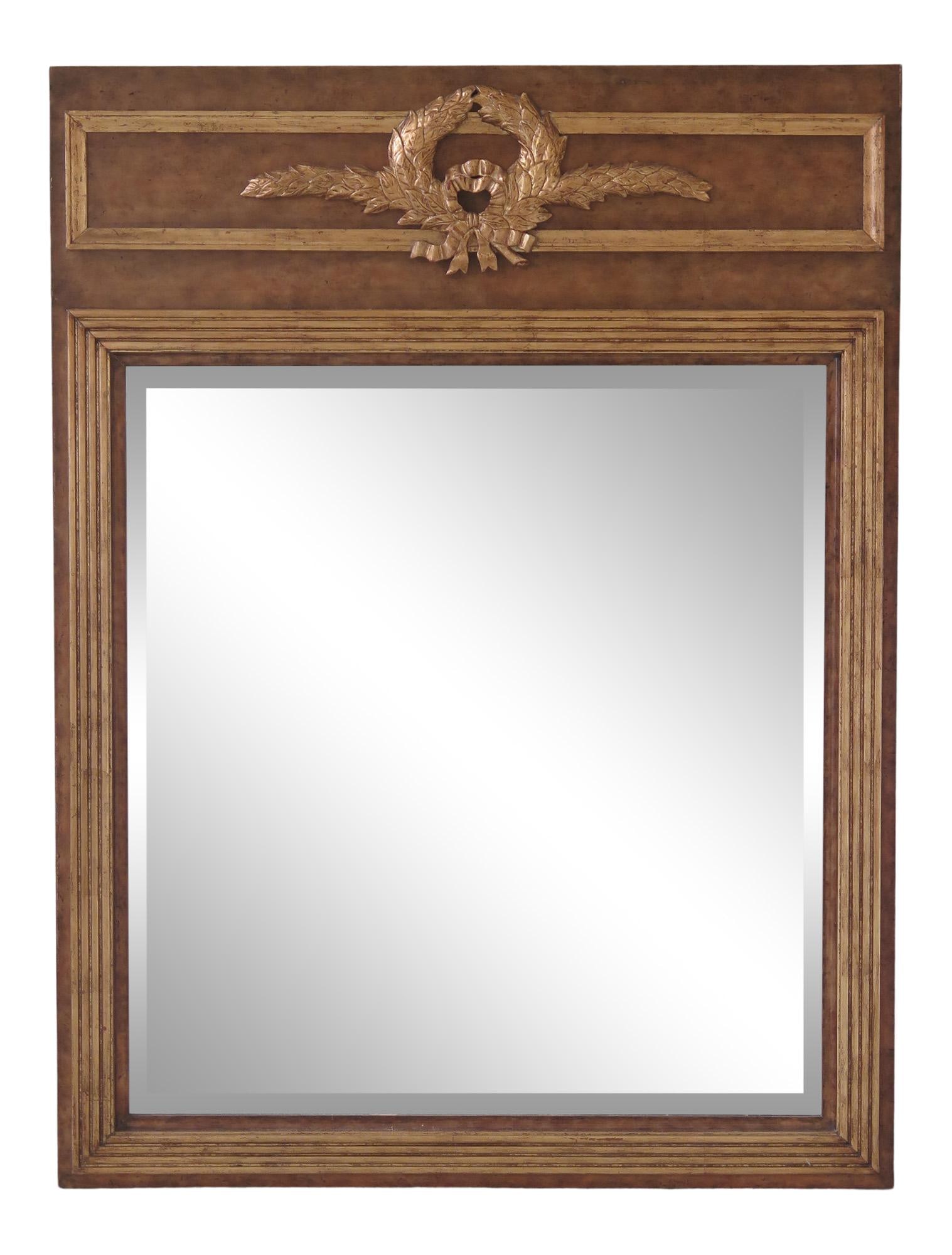 French Style 40 x 54 Gold Beveled Glass Mirror with Wreath Design: French Style 40 x 54 Gold Beveled Glass Mirror with Wreath Design This stunning French-style beveled glass mirror is a statement piece that showcases quality craftsmanship and elegance. Approximately 