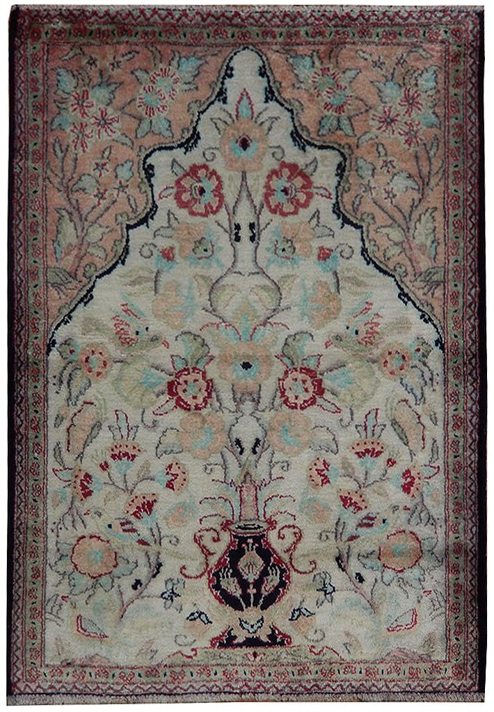 2' x 3' Hand-Knotted Persian Qum Silk Area Rug Ivory: 2' x 3' Hand-Knotted Persian Qum Silk Area Rug Ivory Free continental US Shipping Indulge in the elegance of this exquisite 2' x 3' Genuine Persian Qum Silk Rug, handcrafted in the prestigious weaving