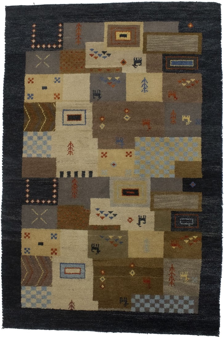 Hand-Knotted Wool Area Rug Modern Tribal Geometric 3'11 x 5'11 India: Hand-Knotted Wool Area Rug Modern Tribal Geometric 3'11 x 5'11 India This hand-knotted Indo-Gabbeh area rug features a tribal geometric design in a mix of multicolored shades including hale navy, brow