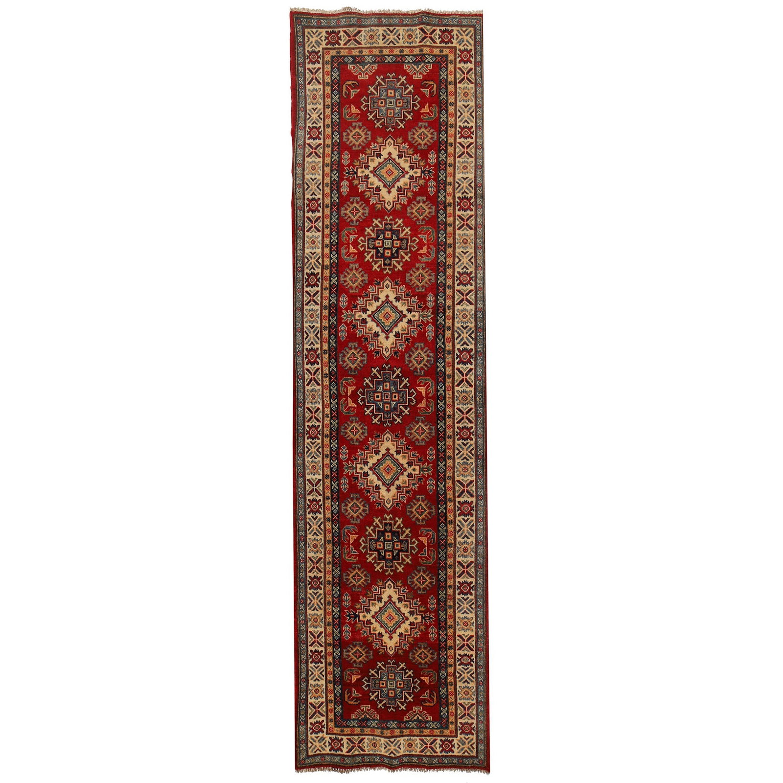 Handmade 2.7 x 9.8 Red Kazak Rug Natural Wool Artisan Craft: Handmade 2.7 x 9.8 Red Kazak Rug Natural Wool Artisan Craft Free continental US Shipping Discover the exquisite beauty of this Handmade Red Kazak Rug, measuring 2.7 x 9.8 feet. This stunning piece is 