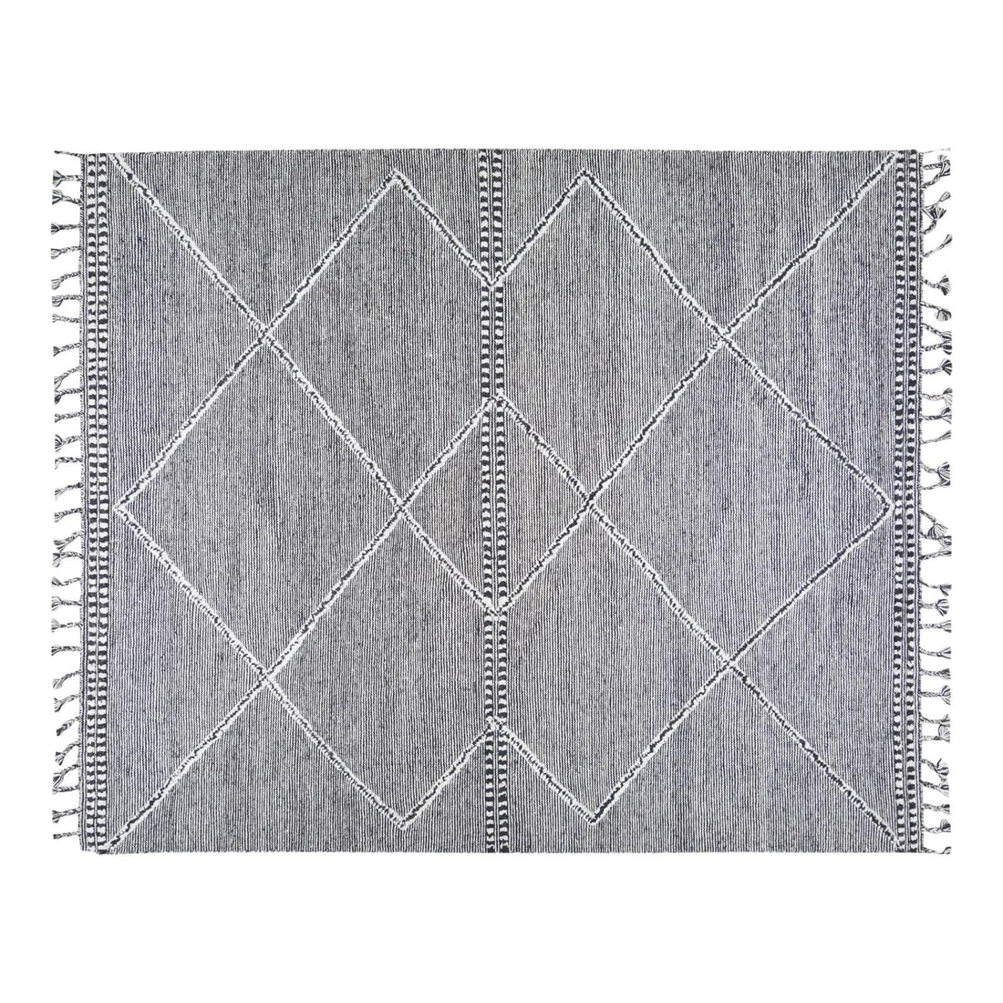 Hand Knotted Beni Ourain Wool Rug in Black 12'X15' Contemporary Moroccan: Hand Knotted Beni Ourain Wool Rug in Black 12'X15' Contemporary Moroccan This Moroccan Beni Ourain hand-knotted rug from the 1990s features organic wool in natural colors and a soft texture. Its conte