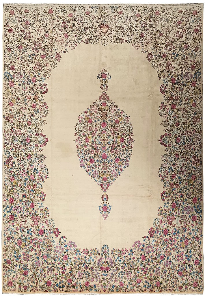 10 x 15.2 Semi-Antique Persian Kerman Rug Ivory Handwoven Wool (1 of 11)