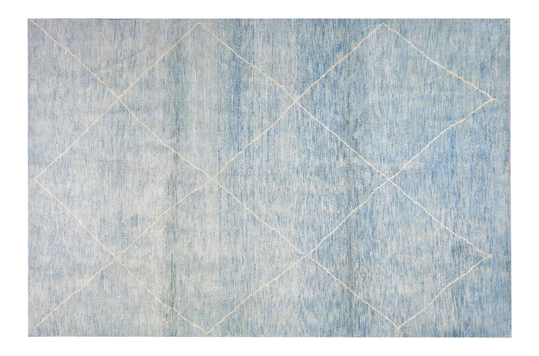 6'6 x 10' Wool Beni Ourain Moroccan Rug in Blue Contemporary Design: 6'6 x 10' Wool Beni Ourain Moroccan Rug in Blue Contemporary Design This Moroccan Beni Ourain rug is hand knotted from wool and features a contemporary style with natural colors and a soft texture. Th