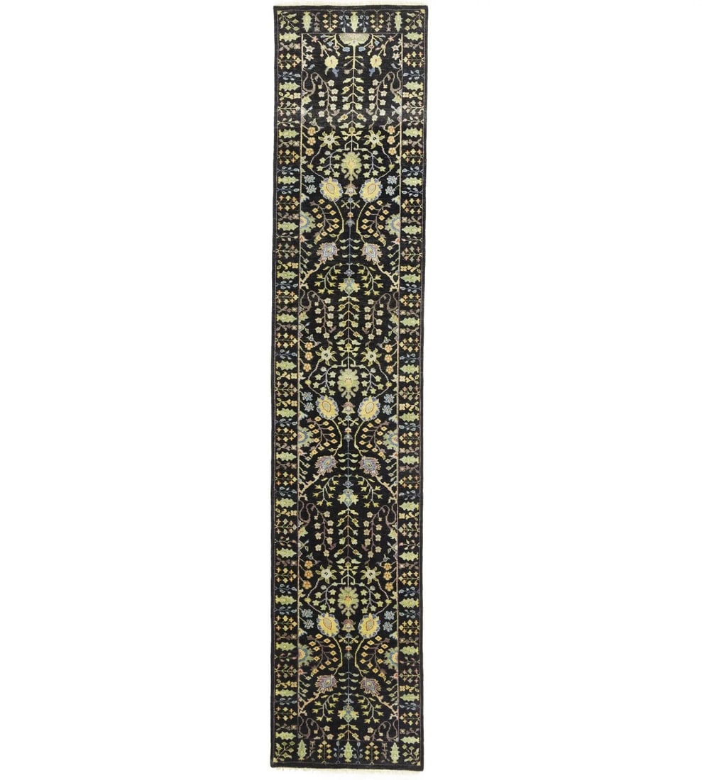 Handmade wool floral runner rug 2'6 x 12'3 Osh Chobi: Handmade wool floral runner rug 2'6 x 12'3 Osh Chobi This handmade Osh Chobi Oriental runner rug features a modern floral pattern in a palette of black, cream, blue, green, violet, orange, gold, and l