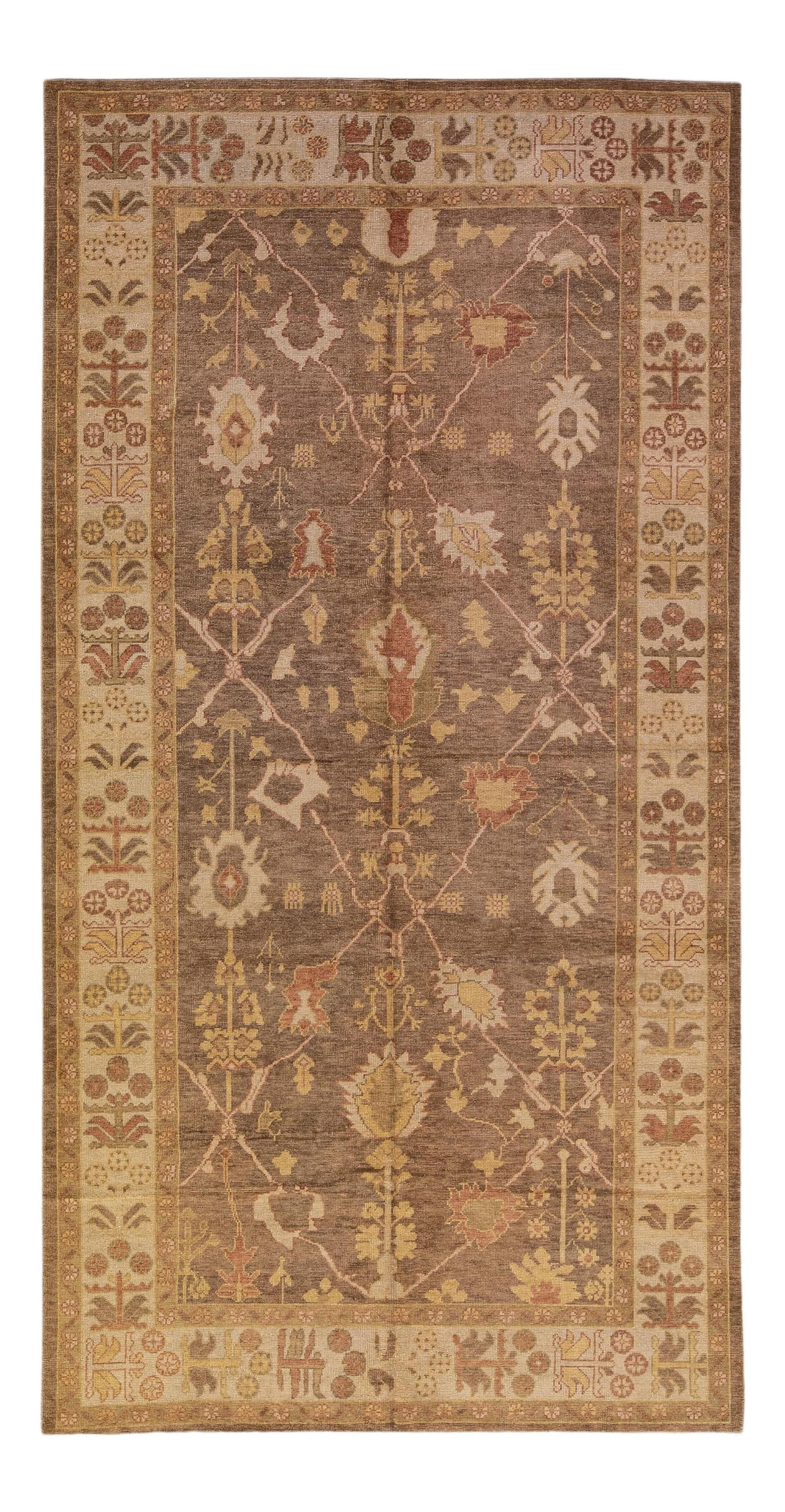 Handmade Modern Turkish Oushak Wool Rug Floral Design 7'10" x 15'7": Handmade Modern Turkish Oushak Wool Rug Floral Design 7'10" x 15'7" Enhance your living space with this exquisite Modern Turkish Oushak handmade wool rug. Featuring a rich brown field, the rug is beau