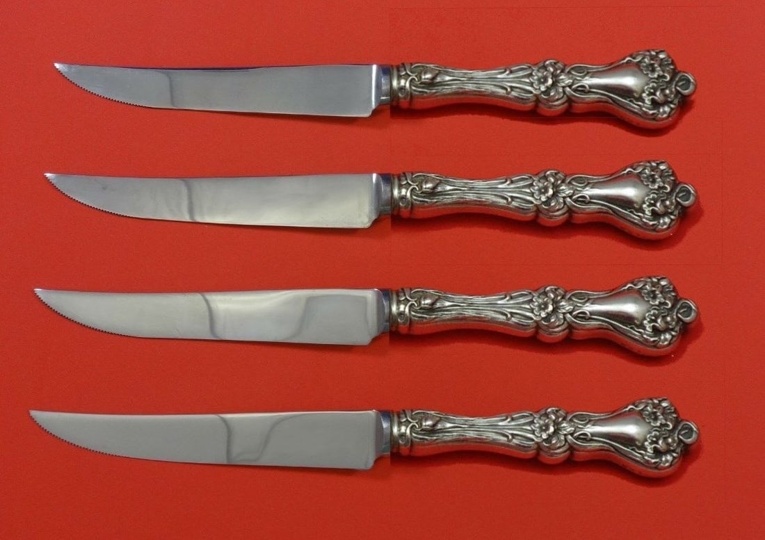 Alvin Majestic Sterling Silver Steak Knife Set 4pc Custom Made 8.5": Alvin Majestic Sterling Silver Steak Knife Set 4pc Custom Made 8.5" Elevate your dining experience with this exquisite 4-piece steak knife set from the Majestic pattern by Alvin. Each knife features a