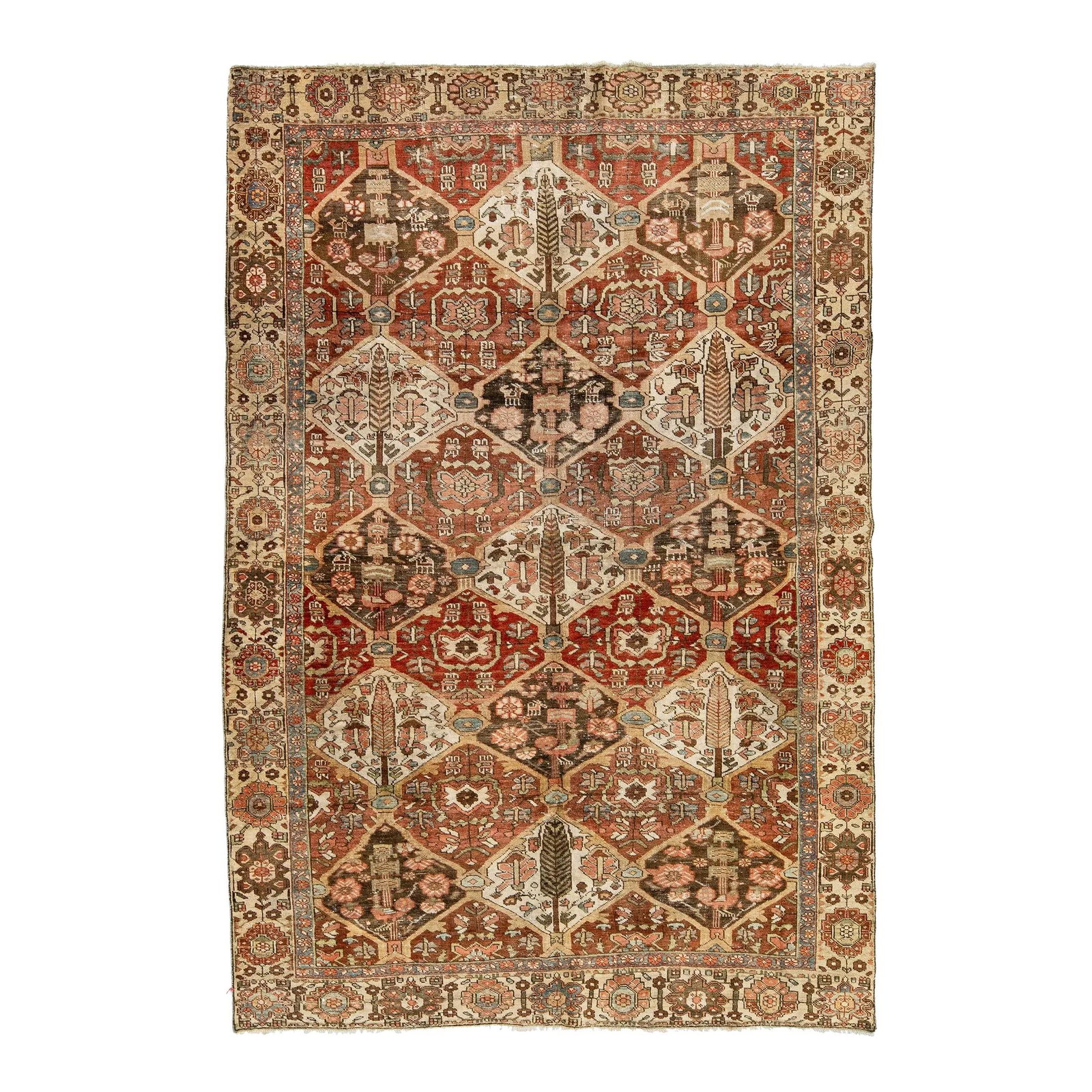 Antique 1910s Persian Bakhtiari Wool Rug Floral Design 6'5 x 9'7: Antique 1910s Persian Bakhtiari Wool Rug Floral Design 6'5 x 9'7 This stunning antique Persian Bakhtiari rug, hand-knotted from wool, features a captivating allover floral pattern set against a rich r