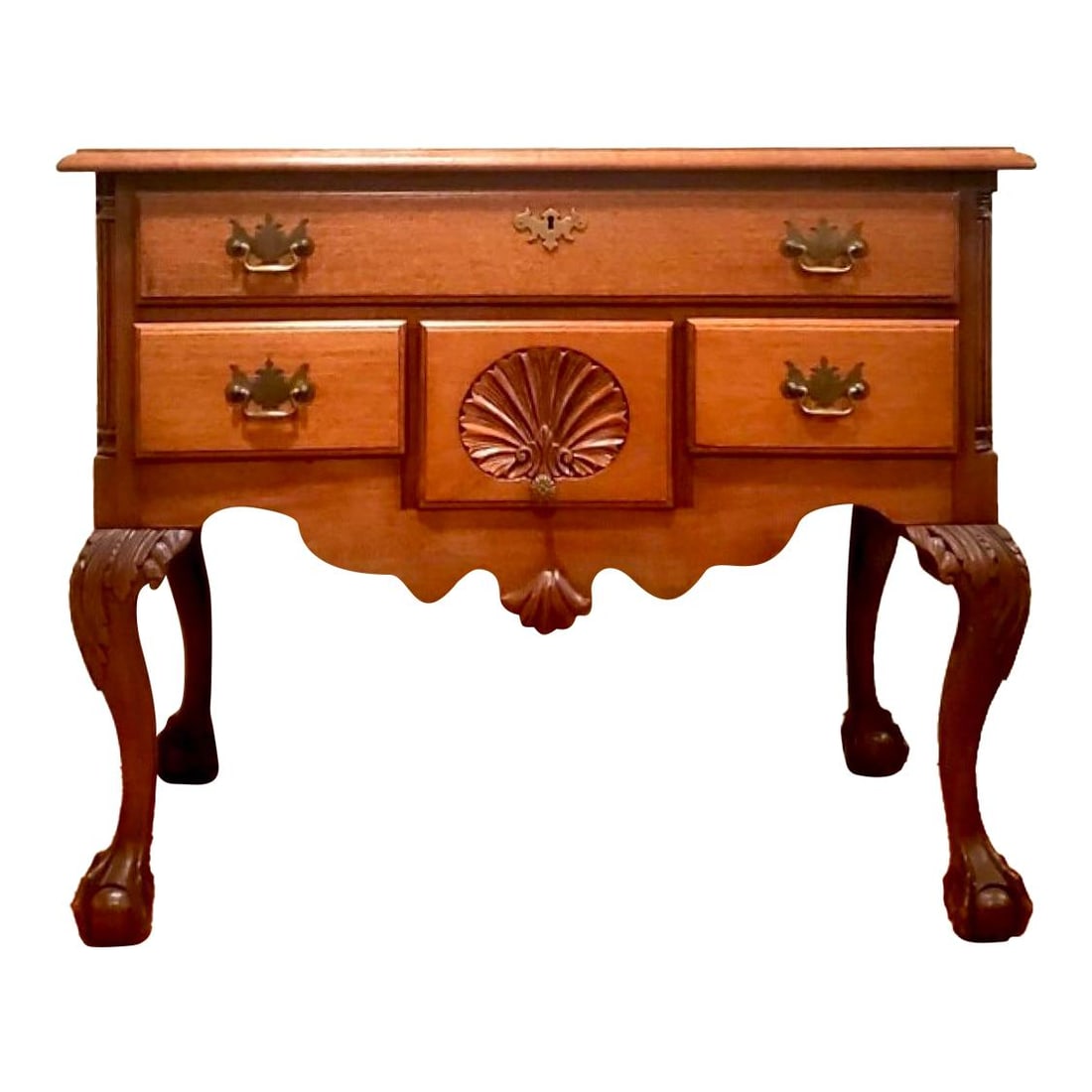Vintage Chippendale Sunrise Lowboy Hand Carved Chocolate Wood: Vintage Chippendale Sunrise Lowboy Hand Carved Chocolate Wood This exquisite vintage Chippendale lowboy features a stunning hand-carved sunrise design that adds a touch of elegance to any space. Its l