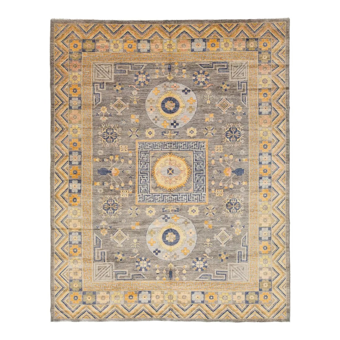 Hand Knotted Wool Khotan Rug 9'10 x 12'5 Slate Grey Ochre: Hand Knotted Wool Khotan Rug 9'10 x 12'5 Slate Grey Ochre This hand-knotted wool rug showcases a modern interpretation of East Turkestan artistry with a slate grey palette. The design features three m