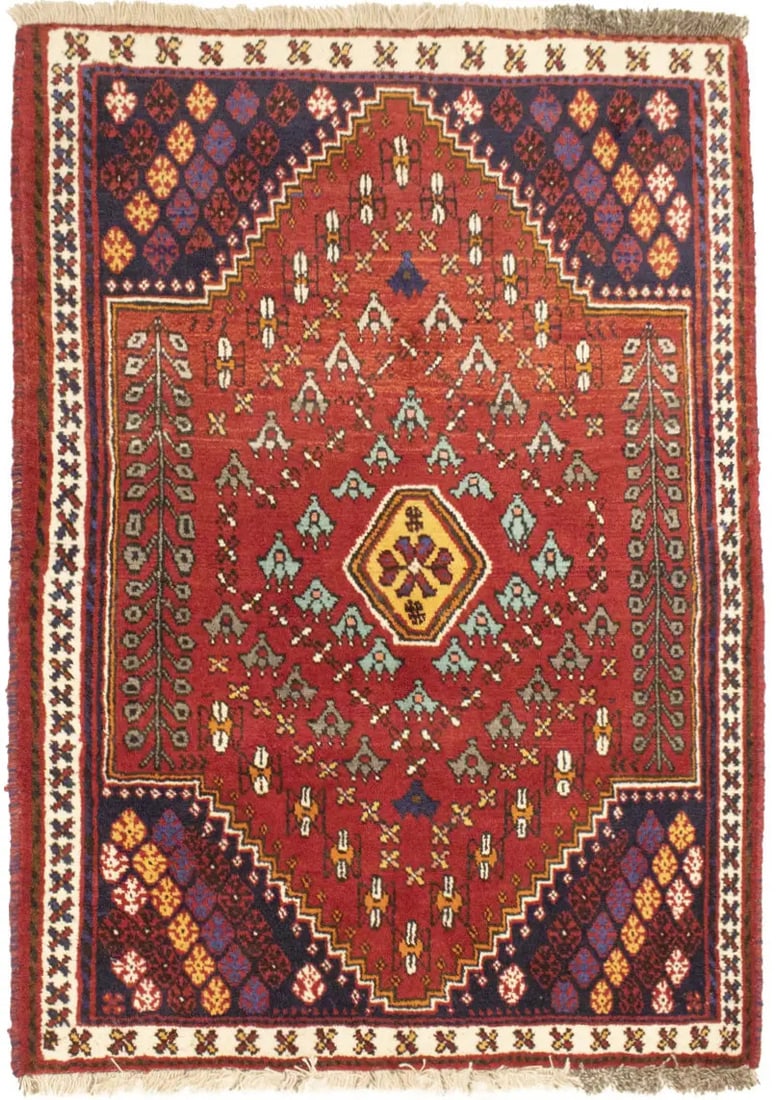 3'5 x 4'9 Wool Hand-Knotted Tribal Style Small Area Rug: 3'5 x 4'9 Wool Hand-Knotted Tribal Style Small Area Rug This hand-knotted tribal area rug features a geometric pattern and a vibrant color palette including scarlet red, cream, purple-navy, gold, char
