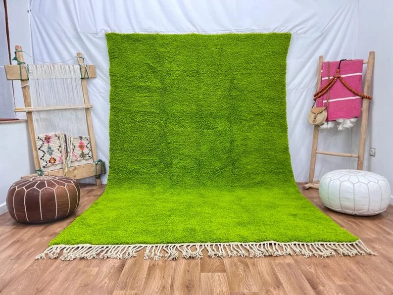 Authentic Green Wool Rug Handwoven in Morocco 9 x 5 Feet: Authentic Green Wool Rug Handwoven in Morocco 9 x 5 Feet Discover the beauty of this Fabulous Authentic Green Wool Rug, handwoven in the stunning Atlas Mountains by skilled local Berber women weavers.