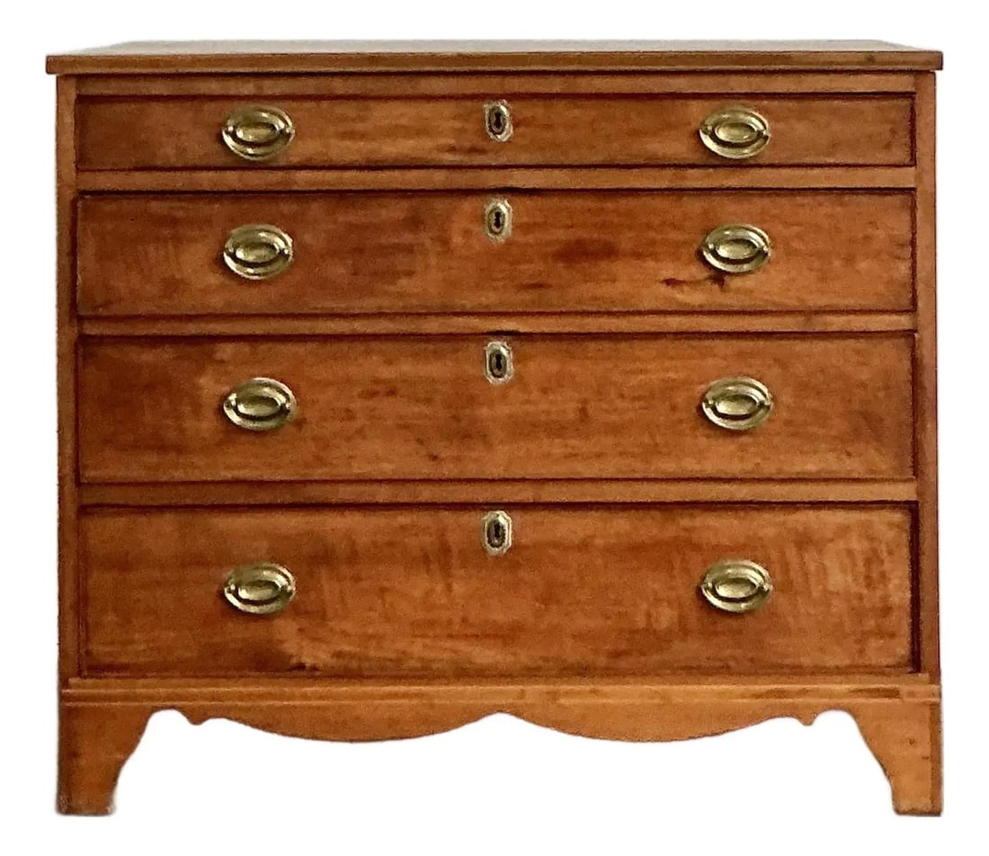 Four Drawer Solid Wood Chest with Chippendale Bracket Feet and Boho Style: Four Drawer Solid Wood Chest with Chippendale Bracket Feet and Boho Style This vintage Chippendale chest of drawers brings rustic elegance and timeless warmth to any bedroom or living space. Crafted f