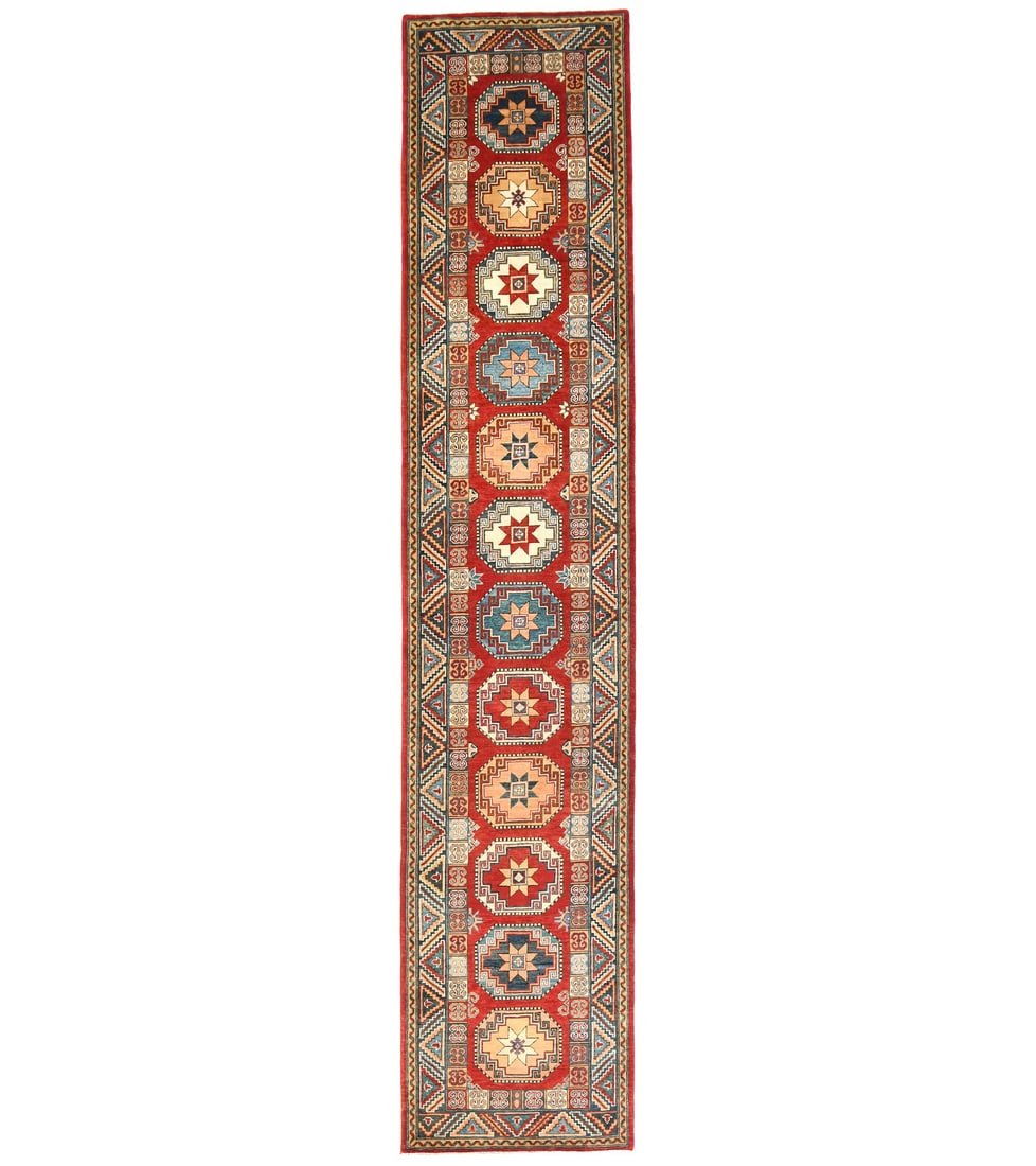 Hand Knotted Wool Kazak Runner 2'8 x 13'5 Geometric Tribal Rug: Hand Knotted Wool Kazak Runner 2'8 x 13'5 Geometric Tribal Rug Enhance your space with this stunning Handmade Kazak Runner Rug, featuring a captivating geometric tribal design. Measuring 2'8" x 13'5" 