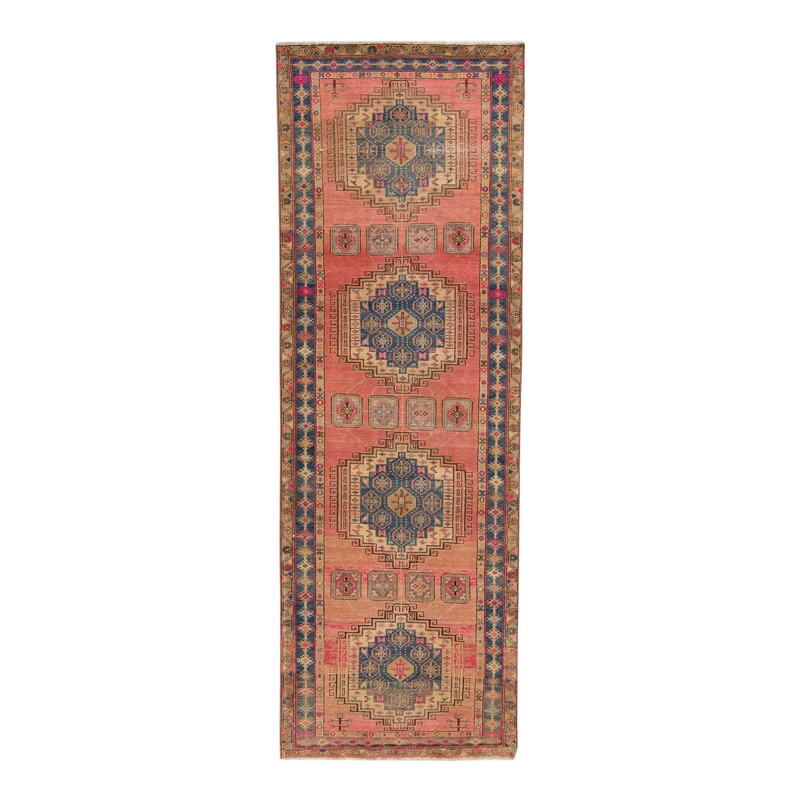 1960s Vintage Persian Wool Runner Rug Pink Tribal Design 3'6 x 10'3: 1960s Vintage Persian Wool Runner Rug Pink Tribal Design 3'6 x 10'3 Discover the charm of this vintage Persian hand-knotted wool runner, characterized by its beautiful pink color field and distressed 