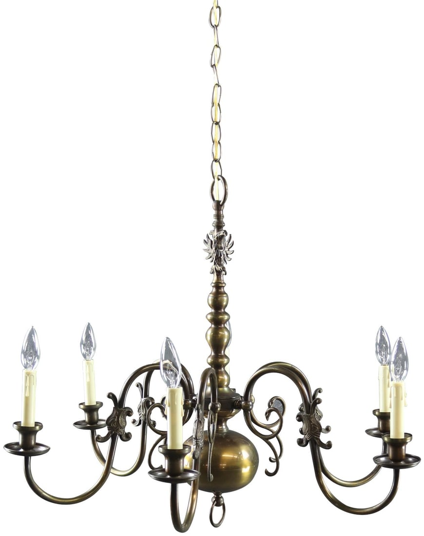 Vintage 1950 Regal Belgian 6-Light Bowl Chandelier with Eagle Motif: Vintage 1950 Regal Belgian 6-Light Bowl Chandelier with Eagle Motif This Regal Belgian Brass-Tone Vintage Chandelier showcases a stunning Flemish style with a beautifully aged antique brass patina. Th