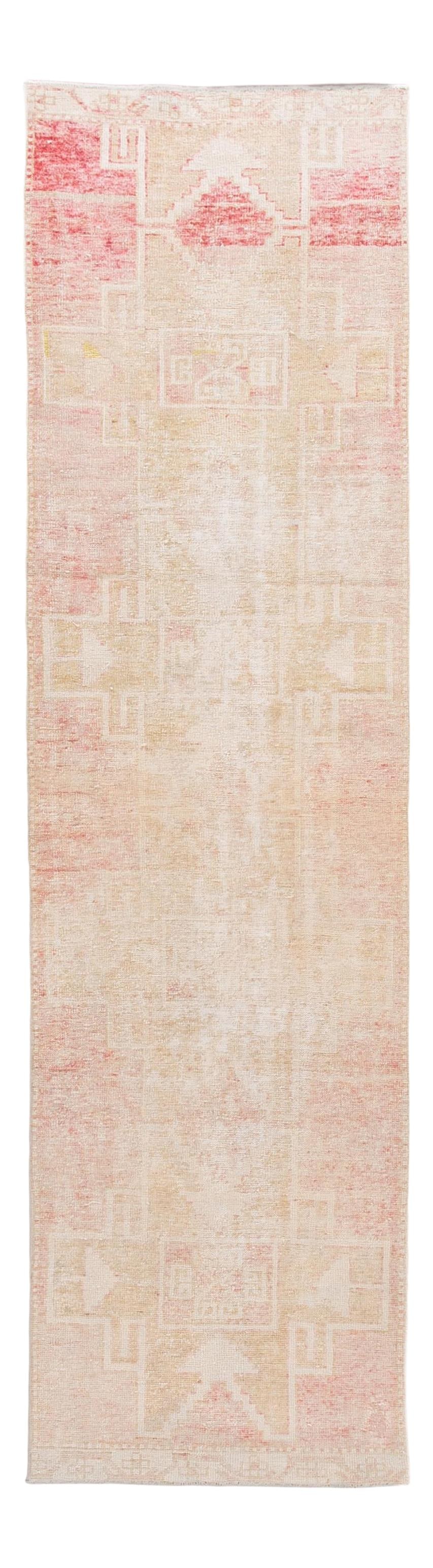 Vintage Turkish Handmade Wool Runner Beige Pink Geometric 3' x 11': Vintage Turkish Handmade Wool Runner Beige Pink Geometric 3' x 11' Discover the charm of this vintage Turkish hand-knotted wool rug, featuring a beautiful beige field adorned with ivory and pink accen