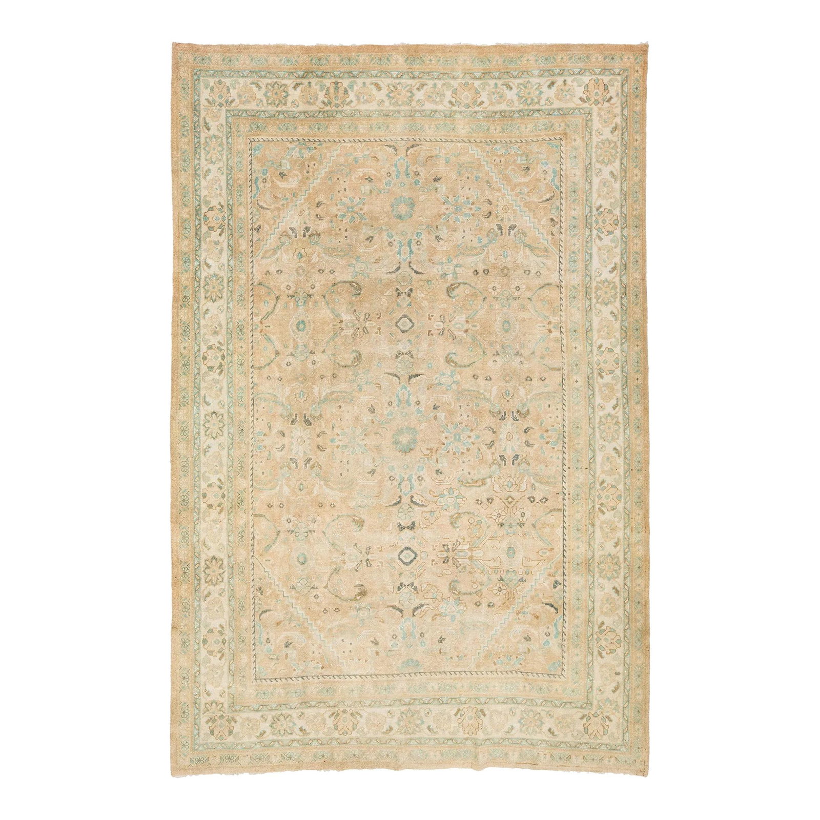 Beige Vintage Persian Mahal Wool Rug 7'9 x 11'10 Medallion Design: Beige Vintage Persian Mahal Wool Rug 7'9 x 11'10 Medallion Design This exquisite Vintage Mahal hand-knotted wool rug features a stunning beige color field complemented by intricate floral medallion mo