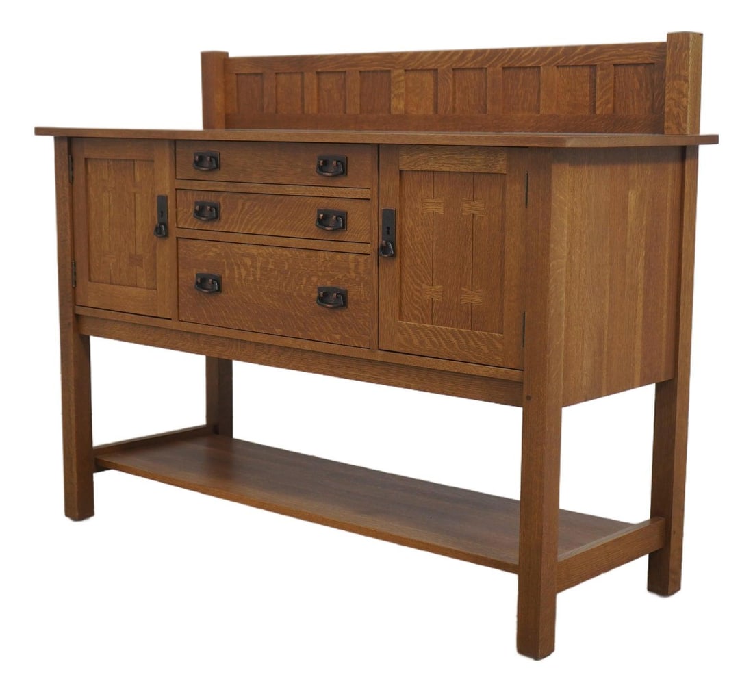 Arts and Crafts Oak Sideboard with Felt Lined Drawer by Stickley: Arts and Crafts Oak Sideboard with Felt Lined Drawer by Stickley This Stickley Mission Oak Arts and Crafts sideboard features high-quality construction with dovetail drawer joints and a brown oak fini