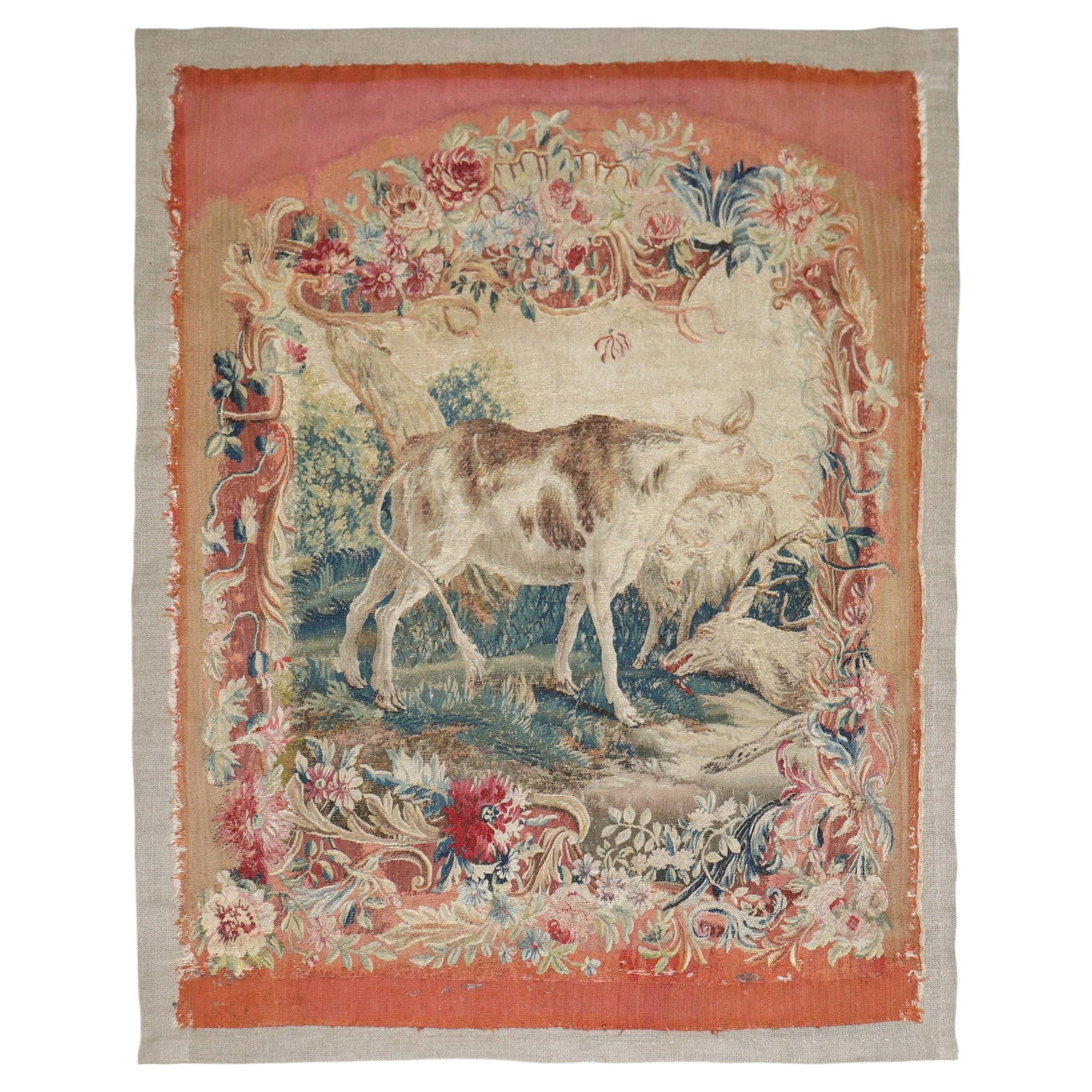 French Aubusson wool tapestry fragment pastoral goat scene 30 in x 37 in: French Aubusson wool tapestry fragment pastoral goat scene 30 in x 37 in An 18th-century Aubusson tapestry fragment from France, attributed to Louis Philippe and styled in the Louis Philippe manner. T