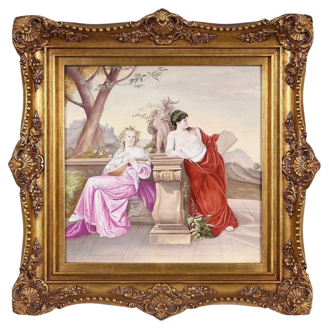 Hand Painted Porcelain Plaque of Classical Maidens in Giltwood Frame: Hand Painted Porcelain Plaque of Classical Maidens in Giltwood Frame This 19th-century framed Royal Vienna porcelain plaque features a finely hand-painted depiction of classical maidens in the Greco-R