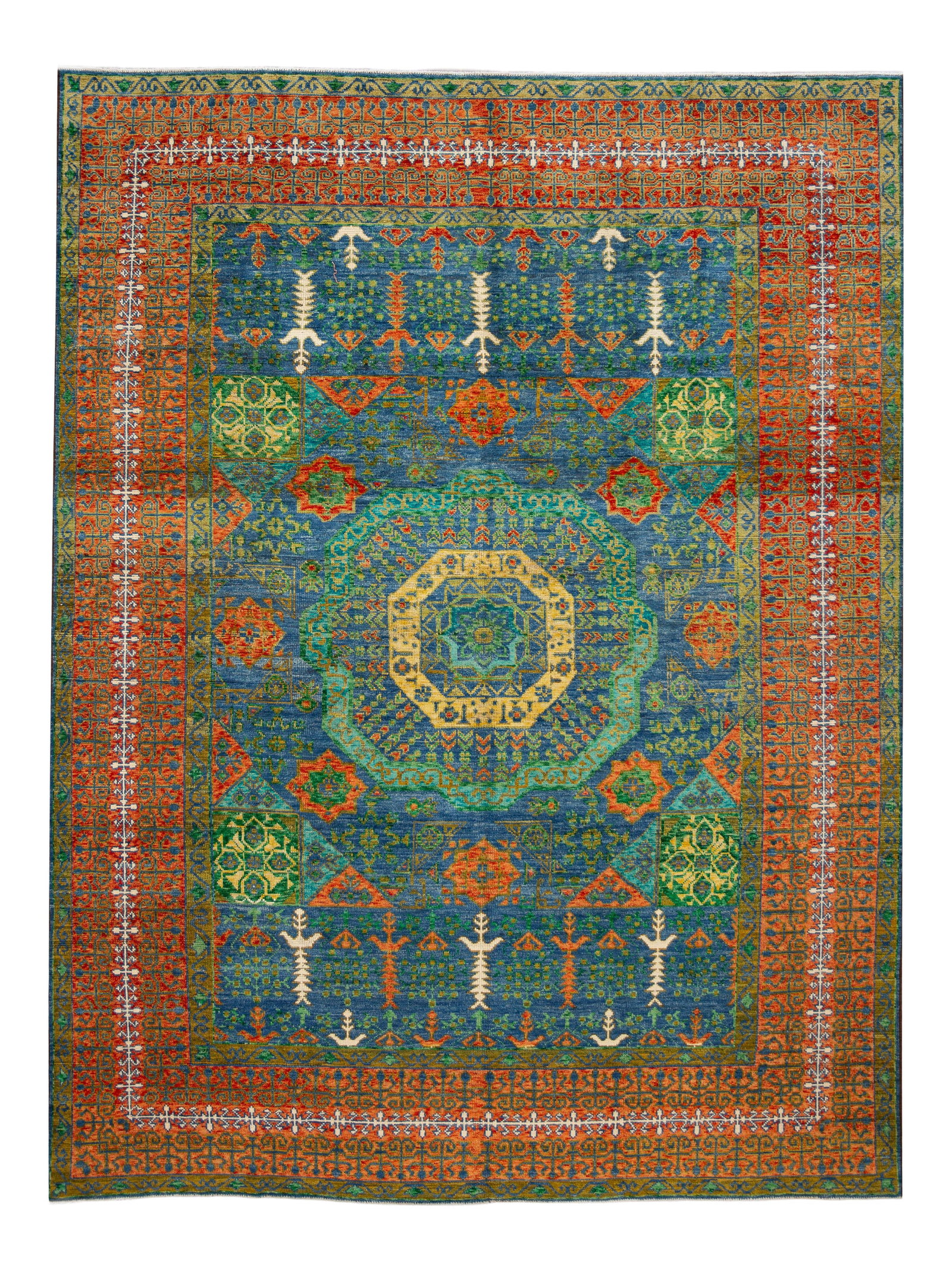 Hand-Knotted 21st Century Mamluk Wool Rug 9'3" x 12'3" Blue Medallion Design: Hand-Knotted 21st Century Mamluk Wool Rug 9'3" x 12'3" Blue Medallion Design This exquisite 21st Century Modern Mamluk rug features a stunning blue field adorned with a medallion design. Hand-knotted 