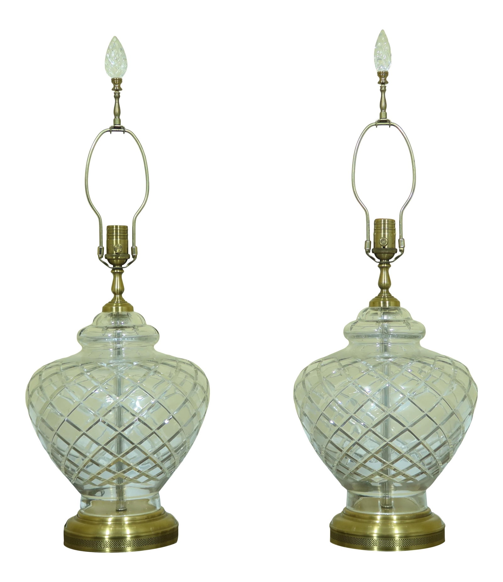 Elegant Wildwood Crystal and Brass Table Lamps Pair 30 Years Old: Elegant Wildwood Crystal and Brass Table Lamps Pair 30 Years Old Enhance your space with this stunning pair of Wildwood etched crystal and brass table lamps, each standing tall at 32 inches. Crafted a