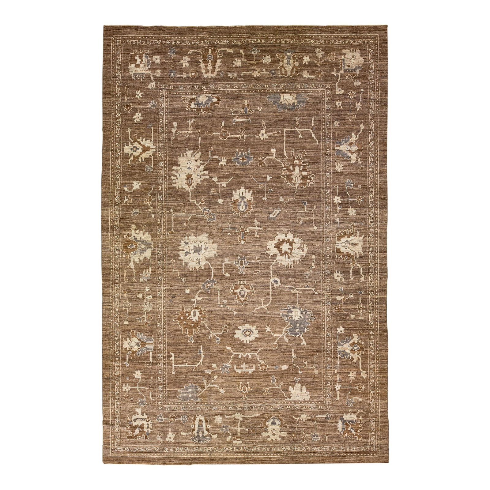 Oversized Brown Oushak Handmade Wool Rug 12'1 x 18'1 Floral Design: Oversized Brown Oushak Handmade Wool Rug 12'1 x 18'1 Floral Design This stunning contemporary Oushak rug showcases an exquisite hand-knotted construction in a rich brown color field. Adorned with a de