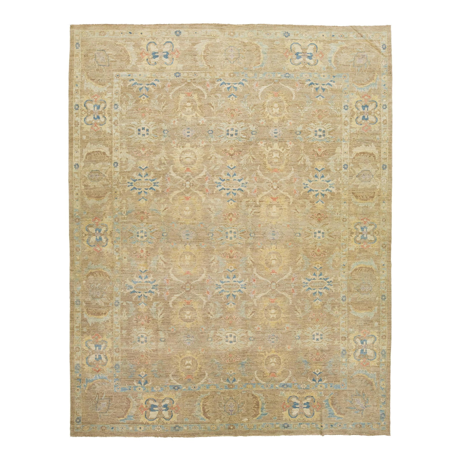 Handmade Floral Modern Sultanabad Wool Rug 12'3 x 15'8 Tan: Handmade Floral Modern Sultanabad Wool Rug 12'3 x 15'8 Tan This exquisite oversized handmade wool rug showcases a striking floral design in blue, beige, and orange against a warm tan field. Measuring 