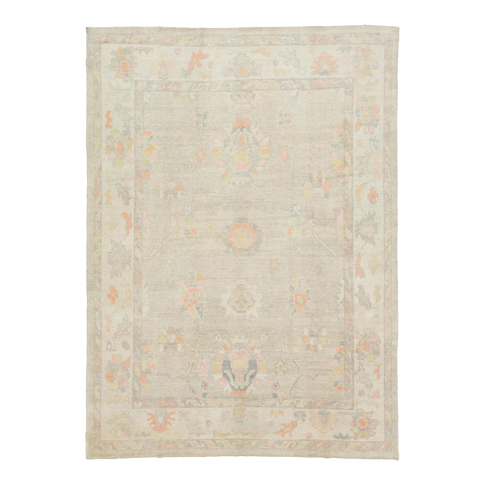 Contemporary Oushak Floral Wool Rug 8'10 x 12'1 Beige: Contemporary Oushak Floral Wool Rug 8'10 x 12'1 Beige Elevate your space with this exquisite Contemporary Turkish Oushak Floral Wool Rug. Featuring a stunning beige field adorned with a vibrant multic