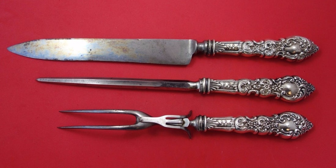 Unger Passaic Sterling Silver Roast Carving Set 3pc with Stainless Tools: Unger Passaic Sterling Silver Roast Carving Set 3pc with Stainless Tools Enhance your dining experience with this exquisite Passaic Roast Carving Set by Unger. This 3-piece set is crafted from sterlin