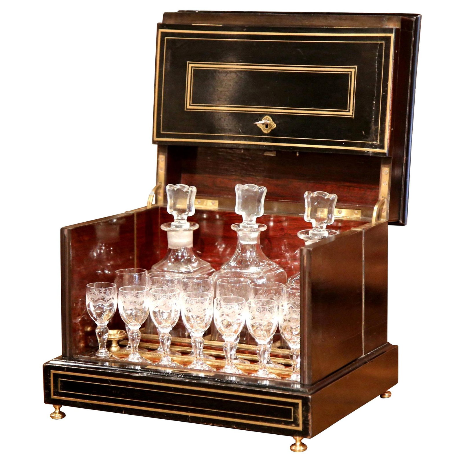 19th Century French Napoleon III Tantalus with Crystal Carafes and Cordials: 19th Century French Napoleon III Tantalus with Crystal Carafes and Cordials Elevate your entertaining experience with this stunning 19th Century French Napoleon III Tantalus. This exquisite antique ca