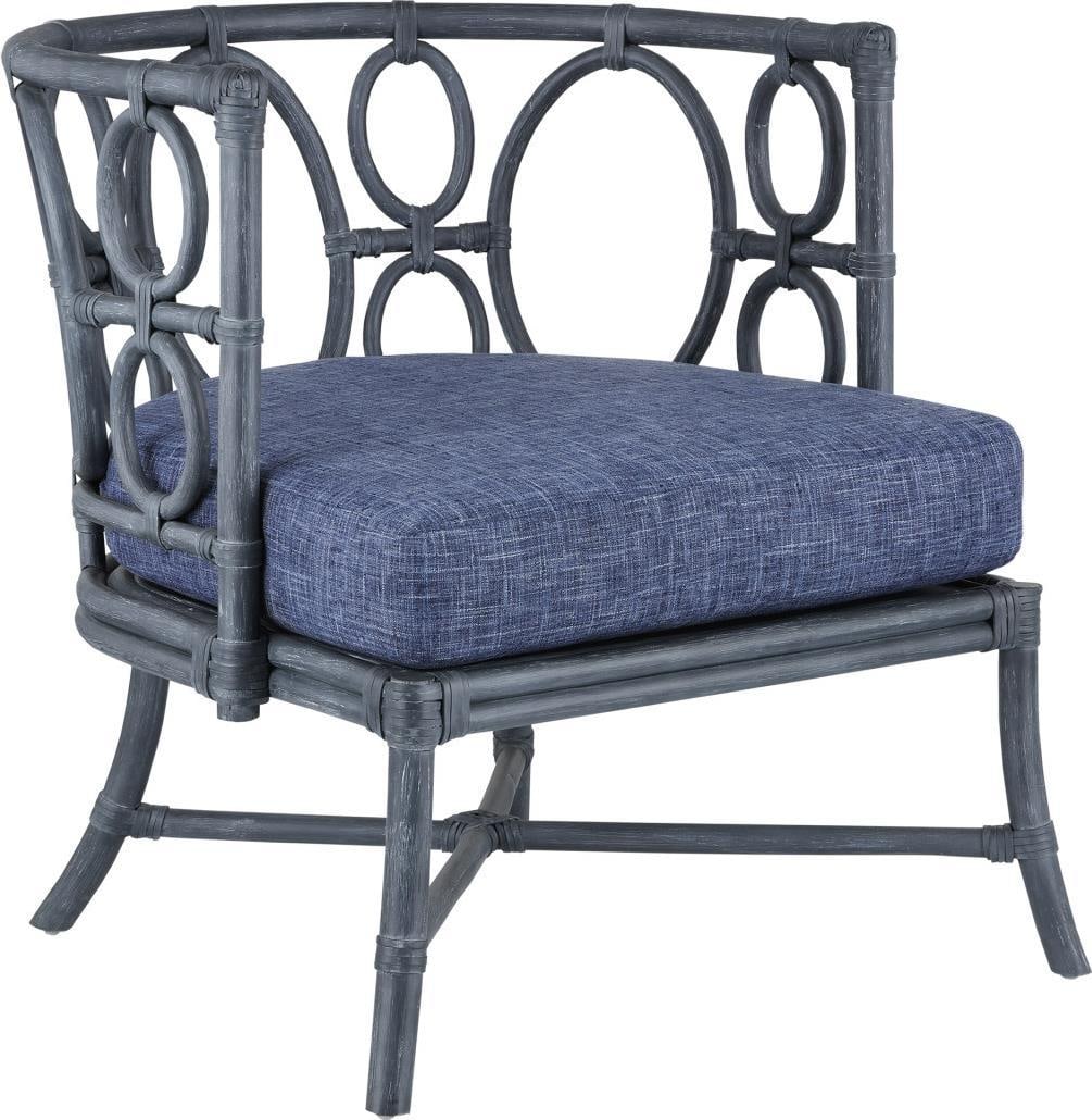 Currey Tegal Navy Rattan Chair by Aimee Kurz: Currey Tegal Navy Rattan Chair by Aimee Kurz Introducing a Vintage Style Navy Rattan Chair, expertly crafted to bring a touch of antique charm to your space. This chair showcases a unique Finn Indigo 