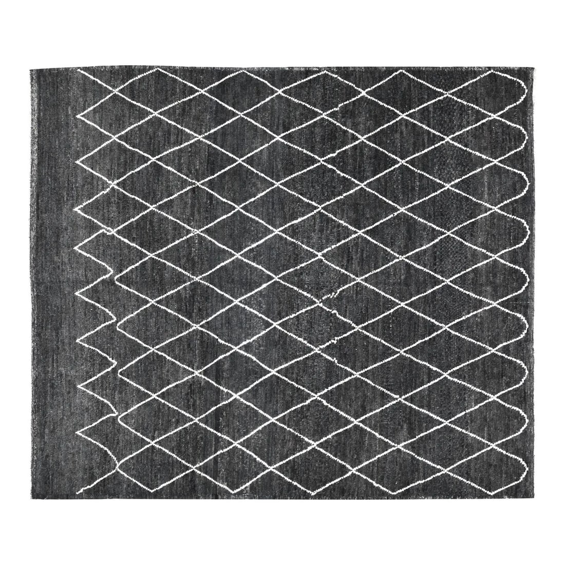 Black Wool Area Rug Hand Knotted Moroccan Style 8'5" x 9'8": Black Wool Area Rug Hand Knotted Moroccan Style 8'5" x 9'8" This Moroccan hand-knotted wool rug showcases traditional craftsmanship with a modern design sensibility. The durable and soft wool construc