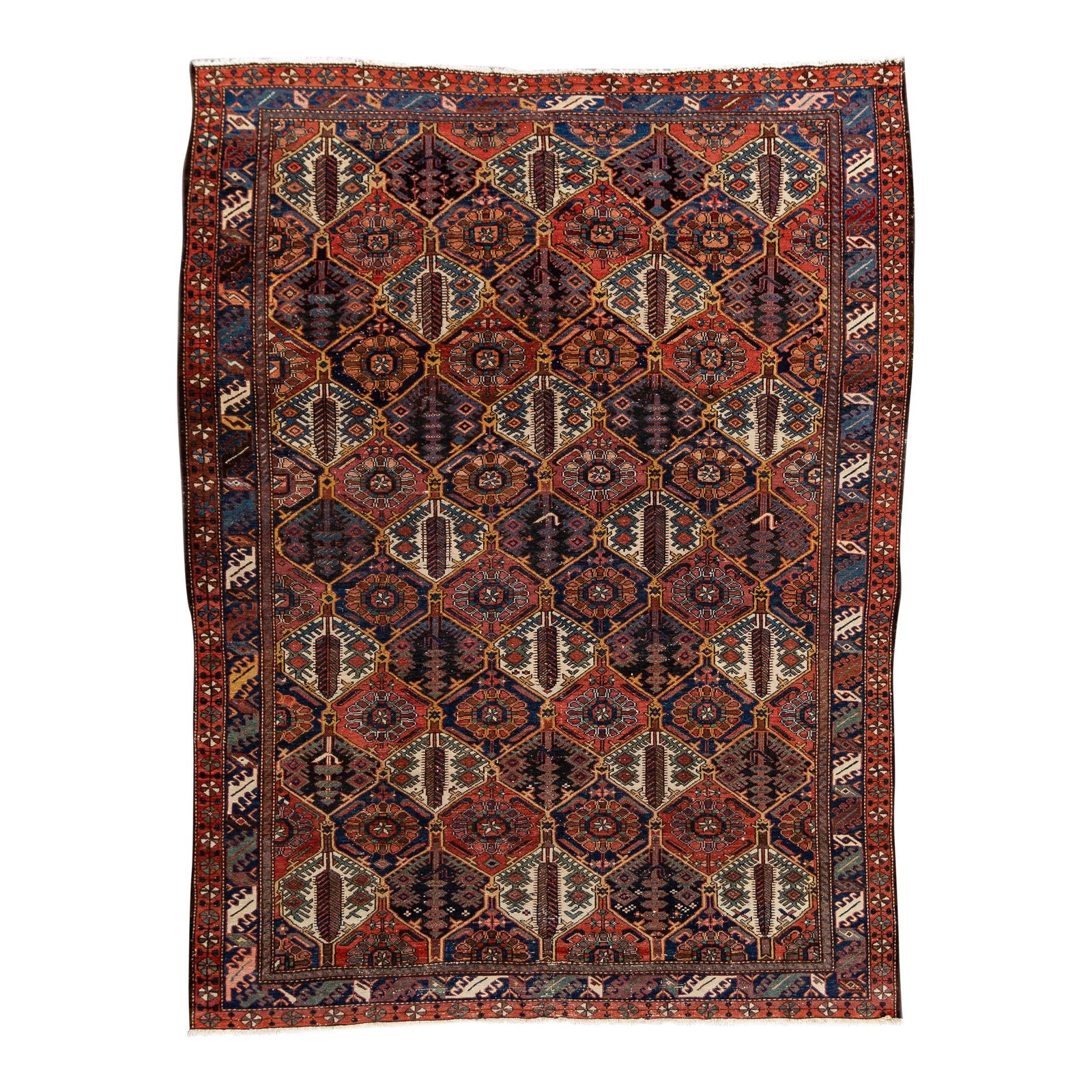 1960s Vintage Bakhtari Handmade Geometric Wool Rug 7'03 x 9'04: 1960s Vintage Bakhtari Handmade Geometric Wool Rug 7'03 x 9'04 This exquisite vintage Persian Bakhtari rug showcases a stunning rust field adorned with a blue frame and vibrant multicolor geometric ac