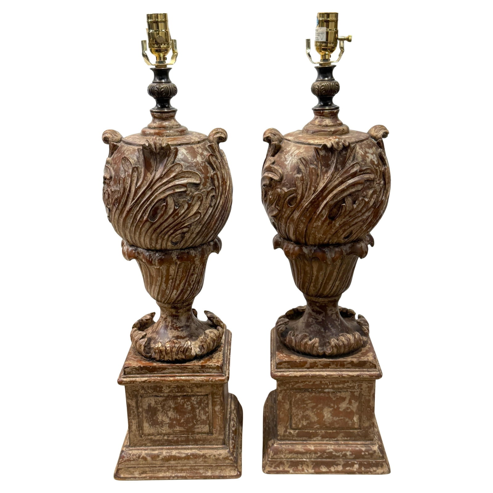 Set of Two Italian Baroque Style Carved Polychrome Wood Urn Table Lamps: Set of Two Italian Baroque Style Carved Polychrome Wood Urn Table Lamps This dramatic pair of Italian Baroque-style urns, crafted in mid-20th century Italy, has been expertly converted into table lamp