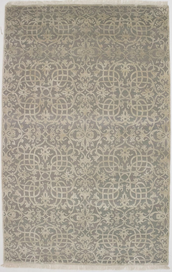 Hand-Knotted Wool Rug 6x9 ft Gray Beige Floral 400 Knot Signed Oriental Carpet: Hand-Knotted Wool Rug 6x9 ft Gray Beige Floral 400 Knot Signed Oriental Carpet This extra fine handmade Oriental rug features a modern floral pattern in gray and beige tones. Expertly hand-knotted in 