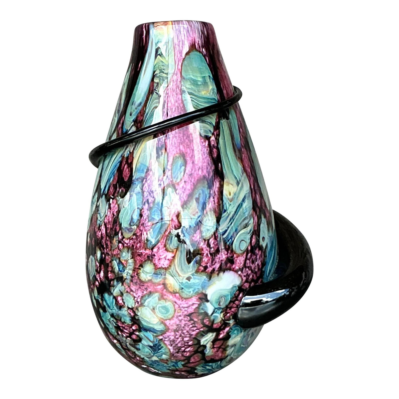 Signed Vintage Boho Art Glass Vase with Black Ribbon: Signed Vintage Boho Art Glass Vase with Black Ribbon This stunning vintage Boho art glass vase is a hand-blown masterpiece that showcases a beautiful blend of colors and forms. The vase features a cap