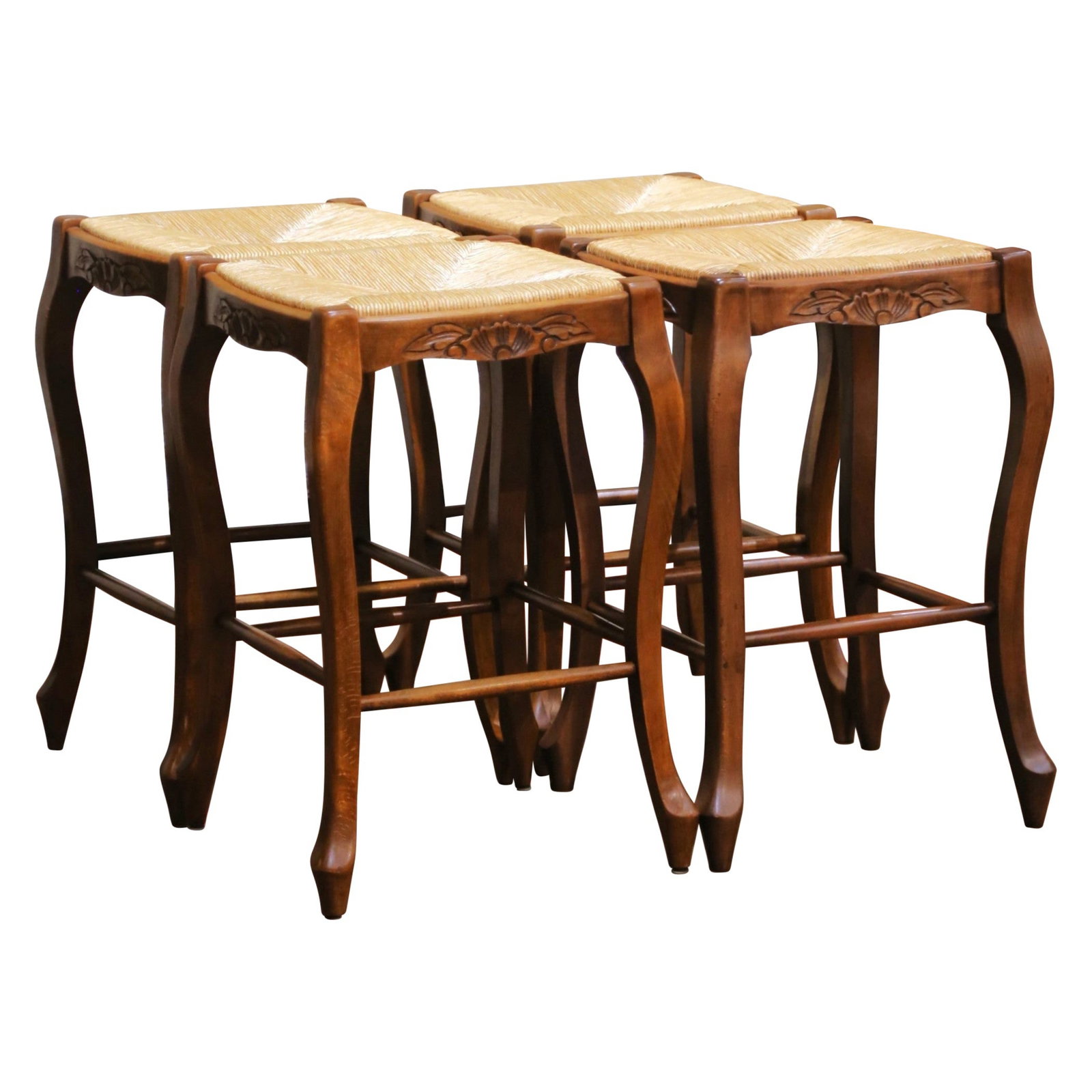 Set of 4 French Walnut Louis XV Counter Stools Rush Seats: Set of 4 French Walnut Louis XV Counter Stools Rush Seats This set of four Louis XV style French counter stools brings timeless elegance to any kitchen island or breakfast counter. Crafted in France a