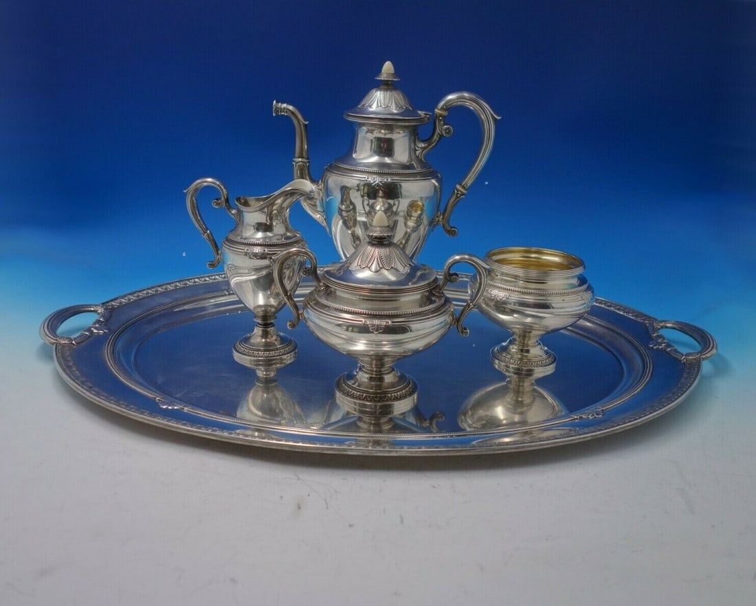 Gorham Shamrock V Sterling Silver 5 Piece Coffee Set: Gorham Shamrock V Sterling Silver 5 Piece Coffee Set Presenting the exquisite Shamrock V Sterling Silver Coffee Set by Gorham, a remarkable five-piece ensemble dating from 1900 to 1940. This set showc