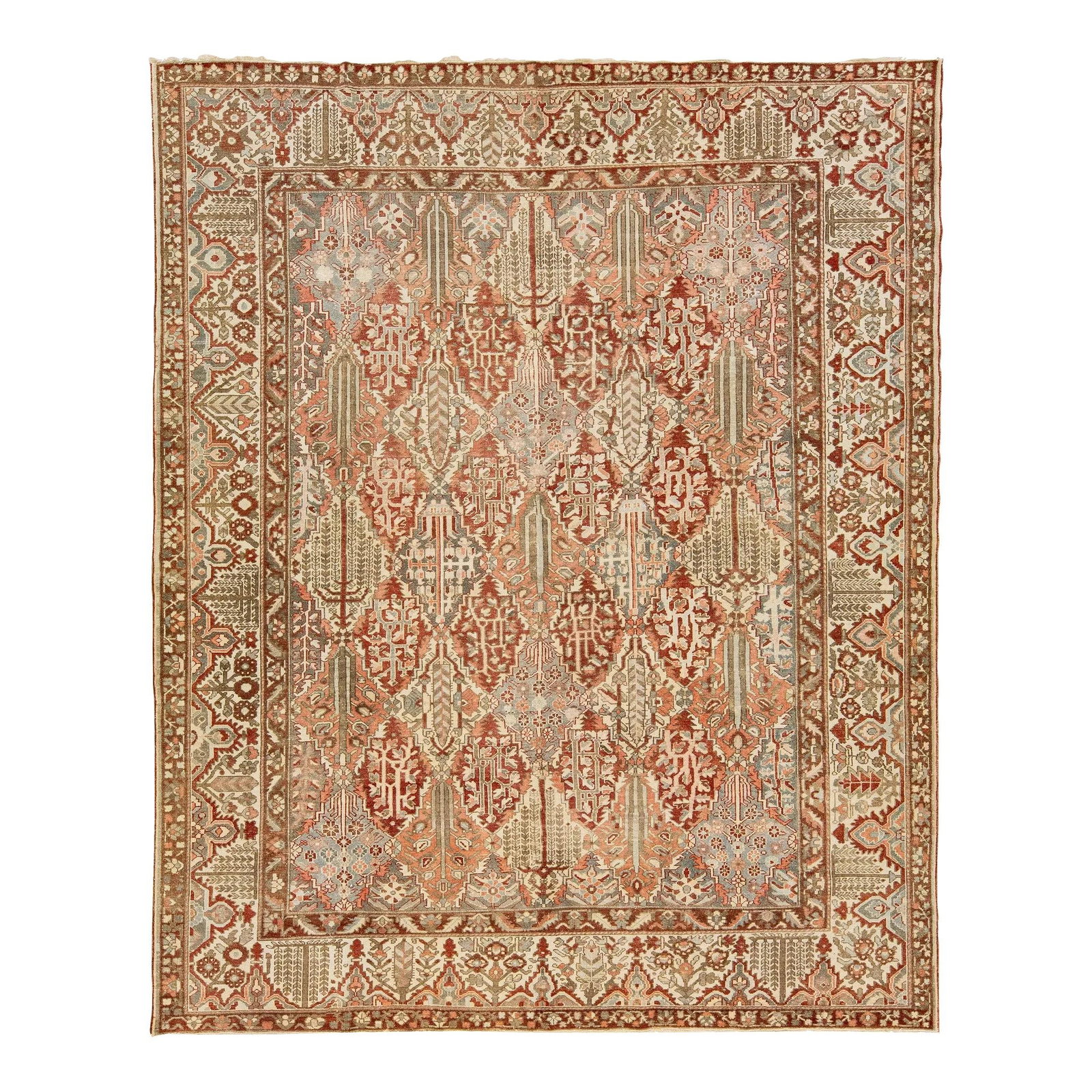 Antique Bakhtiari Hand-Knotted Wool Rug 10'8 x 13'3 Multicolor Design: Antique Bakhtiari Hand-Knotted Wool Rug 10'8 x 13'3 Multicolor Design Enhance your space with this exquisite Antique Bakhtiari hand-knotted wool rug, featuring a vibrant red-rust color field. The rug 