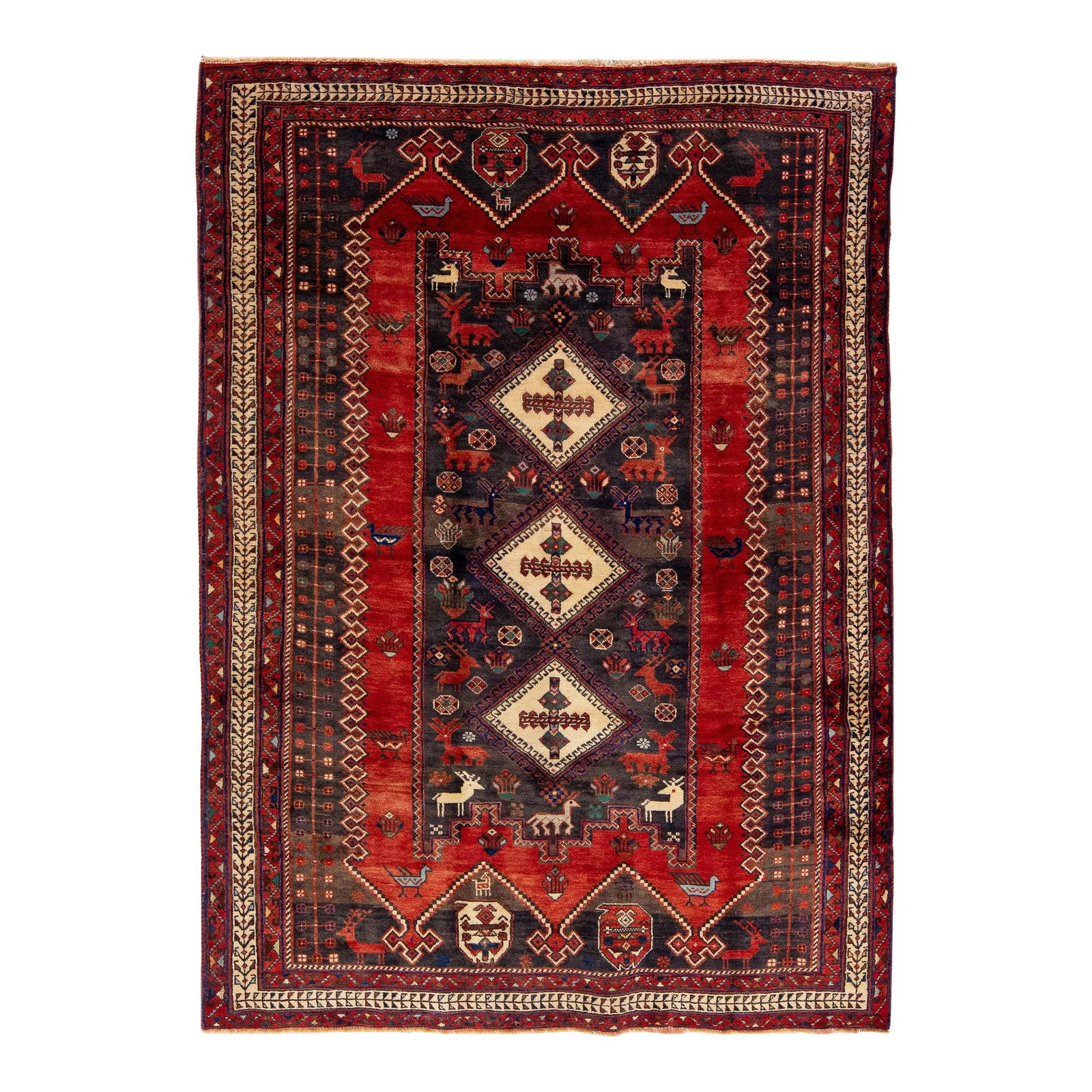 1960s Persian Shiraz Handmade Medallion Red Wool Rug 4'10 x 6'10: 1960s Persian Shiraz Handmade Medallion Red Wool Rug 4'10 x 6'10 Discover the charm of this stunning vintage Persian Shiraz rug, meticulously hand-knotted from high-quality wool. Featuring a vibrant r