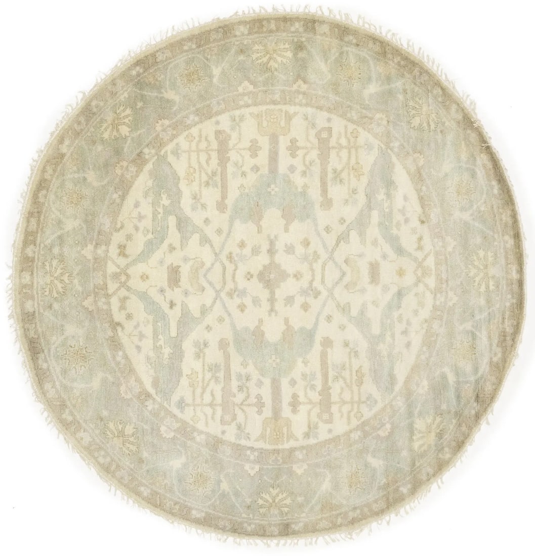 Hand-Knotted 8' Oushak Chobi Floral Round Wool Rug: Hand-Knotted 8' Oushak Chobi Floral Round Wool Rug Enhance your home decor with this exquisite Hand-Knotted 8X8 Cream Round Oushak Chobi Oriental Rug. Featuring a stunning floral pattern in muted colo