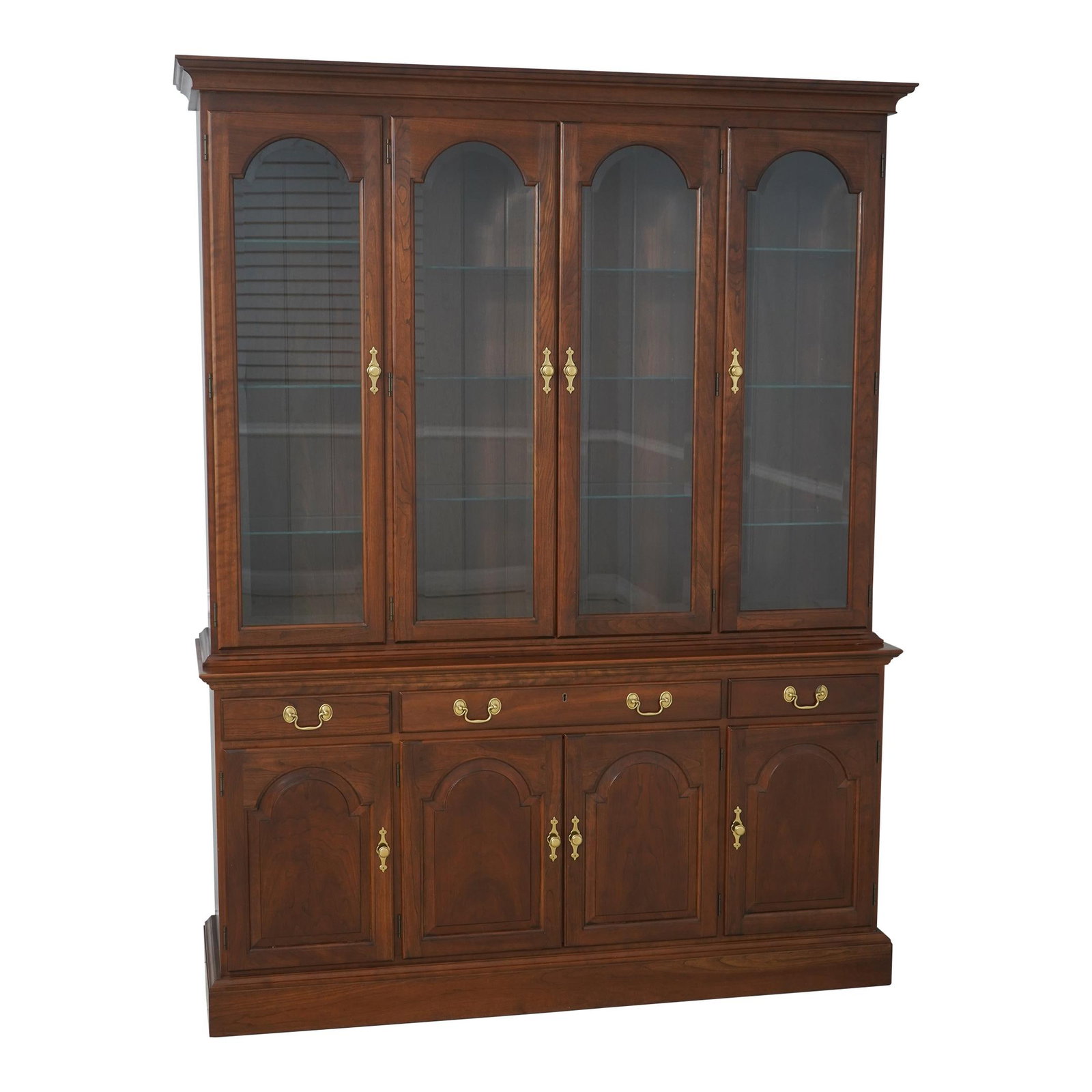 Stickley 4 Door China Cabinet Model 4187 Solid Cherry Wood: Stickley 4 Door China Cabinet Model 4187 Solid Cherry Wood This exquisite Stickley 4 Door Solid Cherry Breakfront China Cabinet showcases timeless craftsmanship and elegance, perfect for any tradition