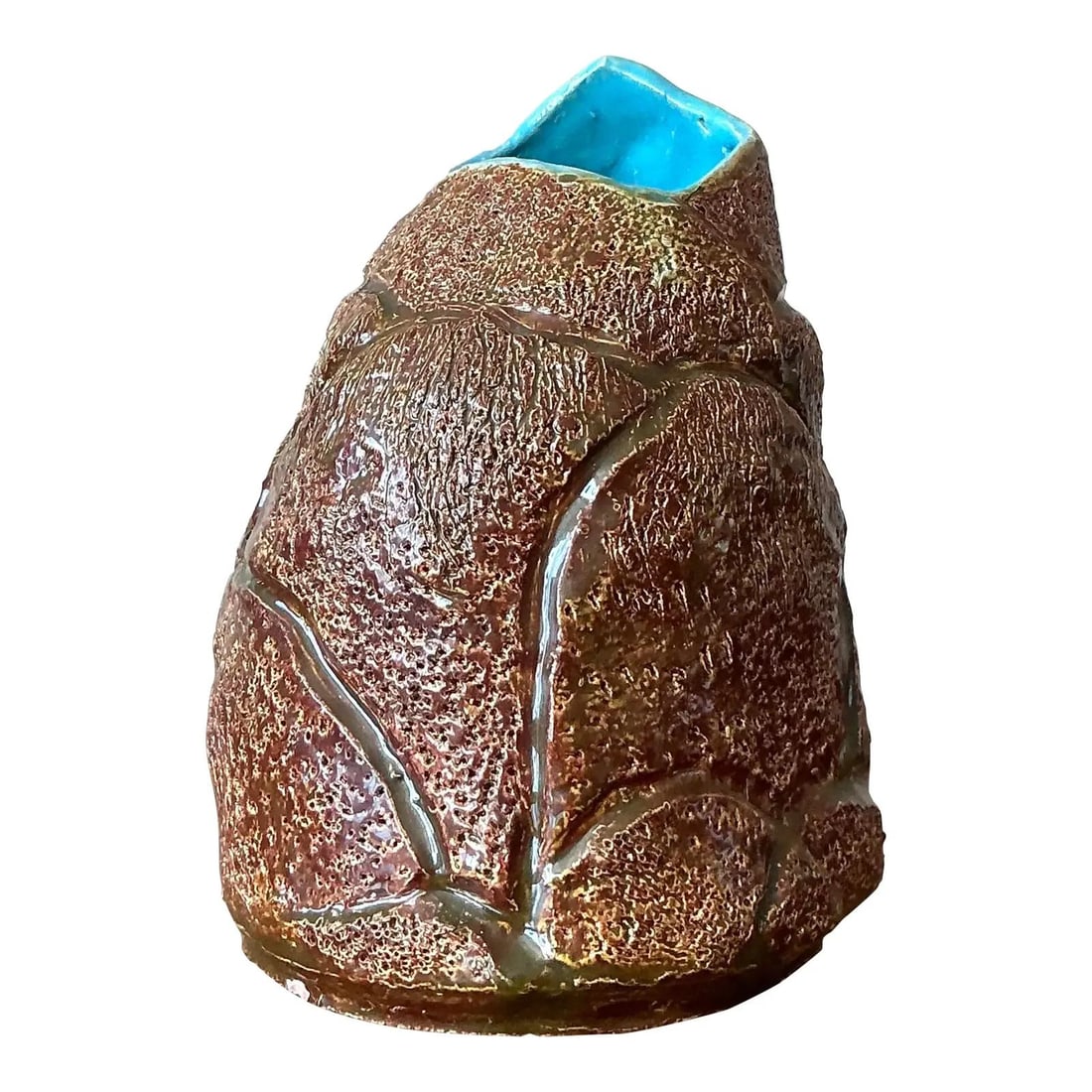Signed Studio Vase with Textured Brown Glaze and Turquoise Rim 8 Inch: Signed Studio Vase with Textured Brown Glaze and Turquoise Rim 8 Inch This vintage studio pottery vase features an organically textured exterior with a rich, earthy brown glaze and irregular etched li