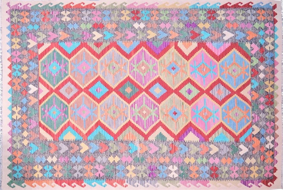Vintage Maimana Kilim Rug Organic Wool Afghan Geometric 6'7" x 9'8" (1 of 5)